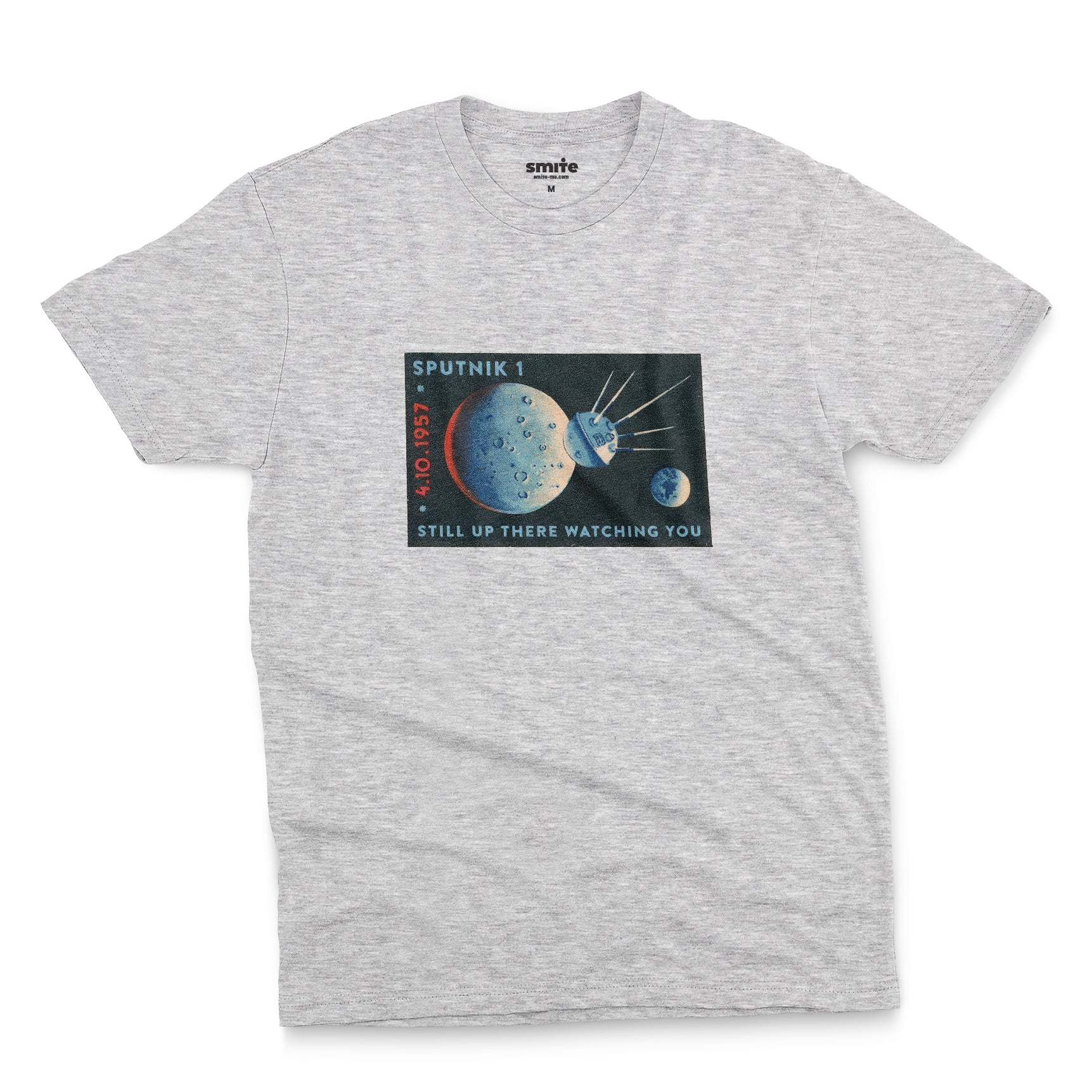 A grey marle t-shirt with a vintage matchbook illustration celebrating the launch of the first Sputnik satellite.