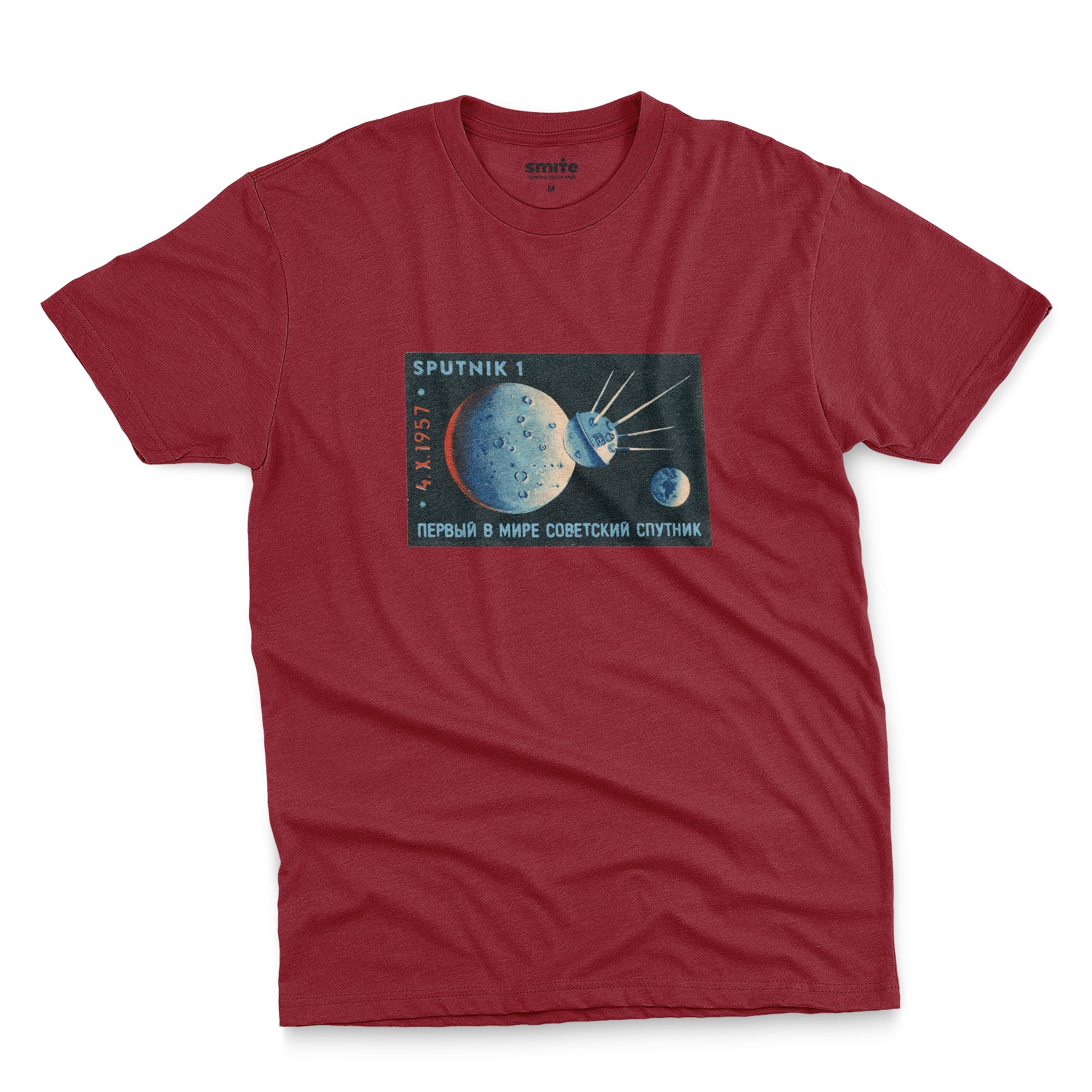 A red t-shirt with a vintage matchbook illustration celebrating the launch of the first Sputnik satellite.