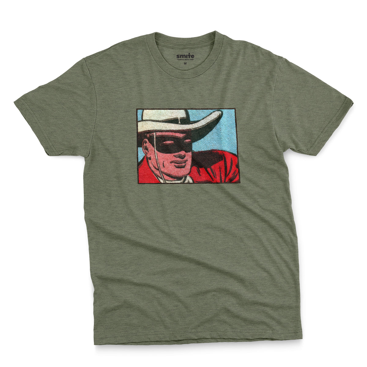 A green t-shirt with a retro cartoon graphic of a cowboy wearing a white hat and a black mask.