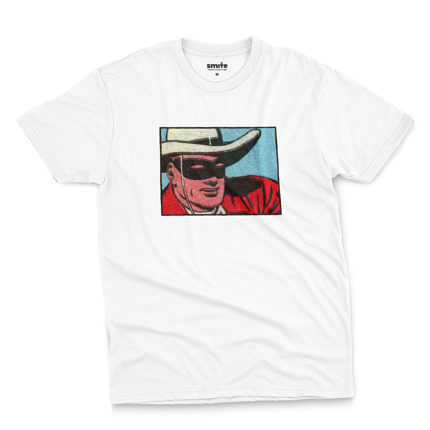 A white t-shirt with a retro cartoon graphic of a cowboy wearing a white hat and a black mask.