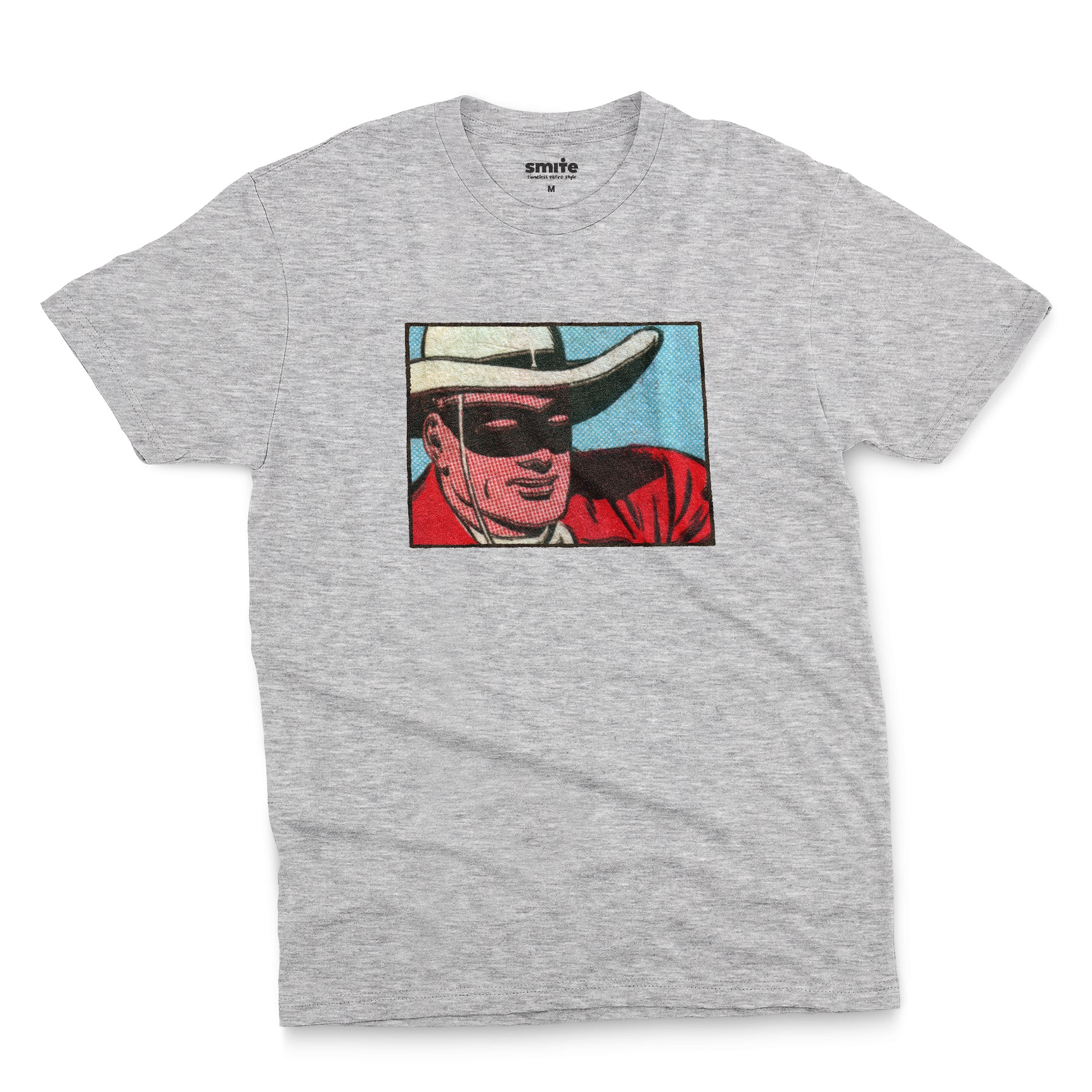 A grey marle t-shirt with a retro cartoon graphic of a cowboy wearing a white hat and a black mask.