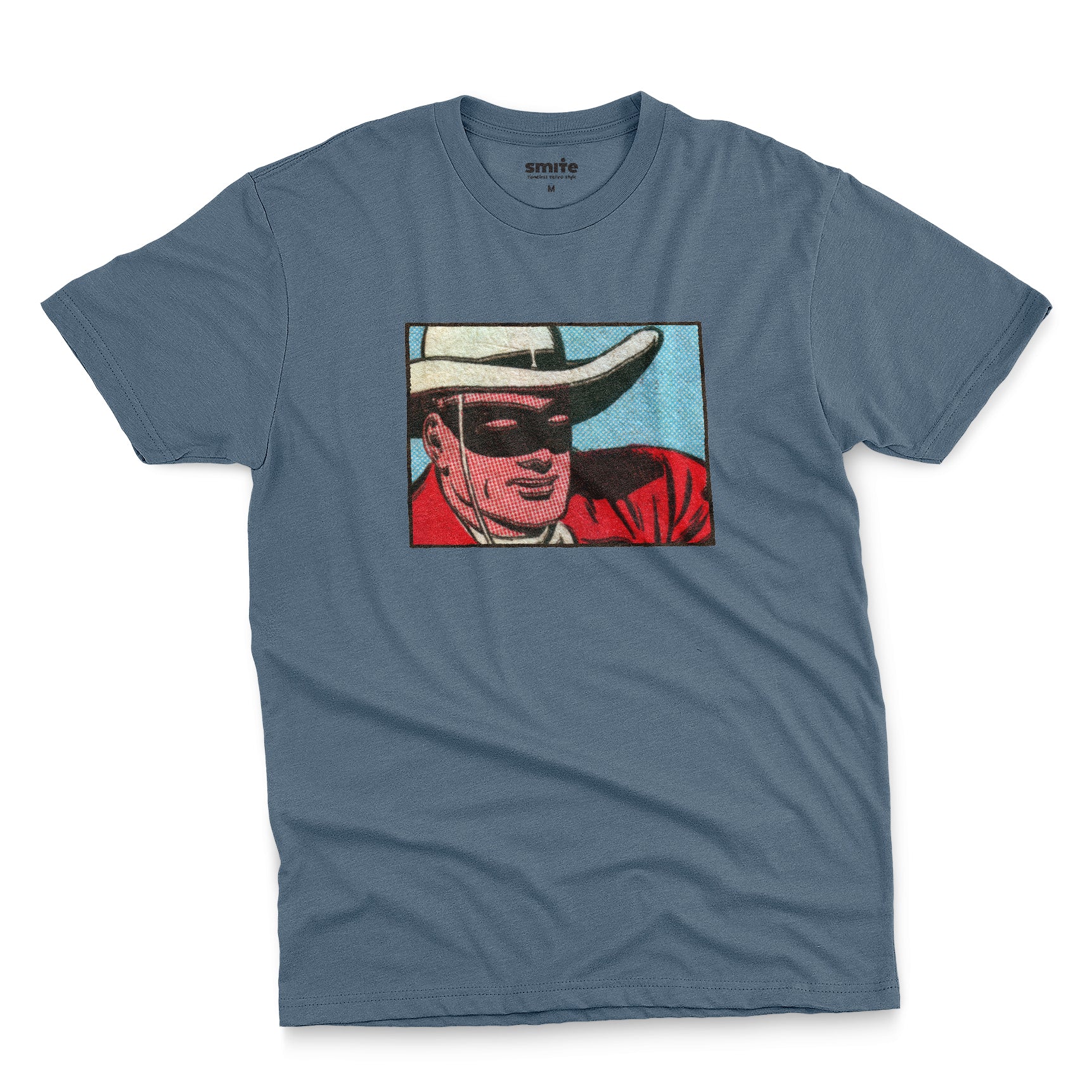 A blue t-shirt with a retro cartoon graphic of a cowboy wearing a white hat and a black mask.