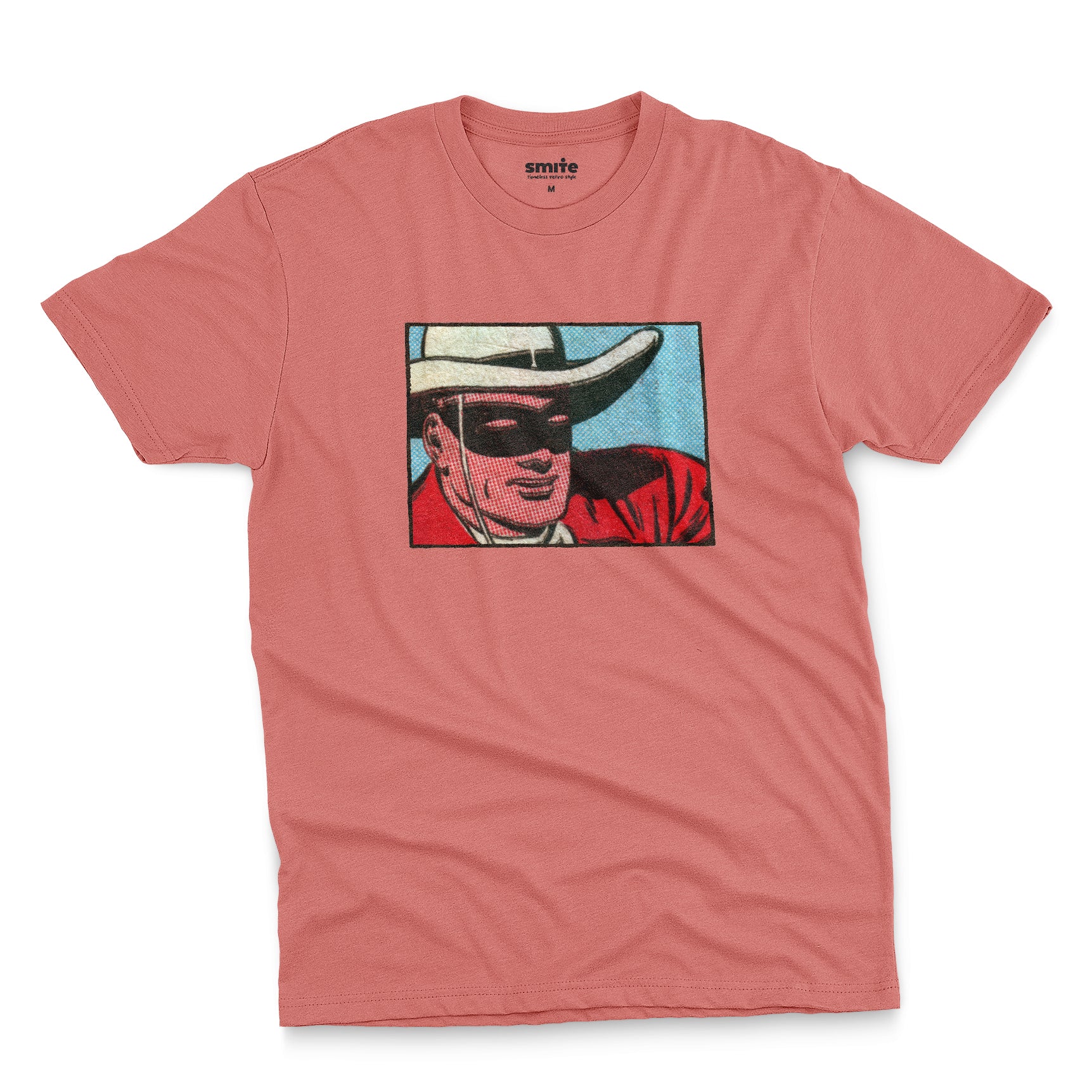 A coral pink t-shirt with a retro cartoon graphic of a cowboy wearing a white hat and a black mask.