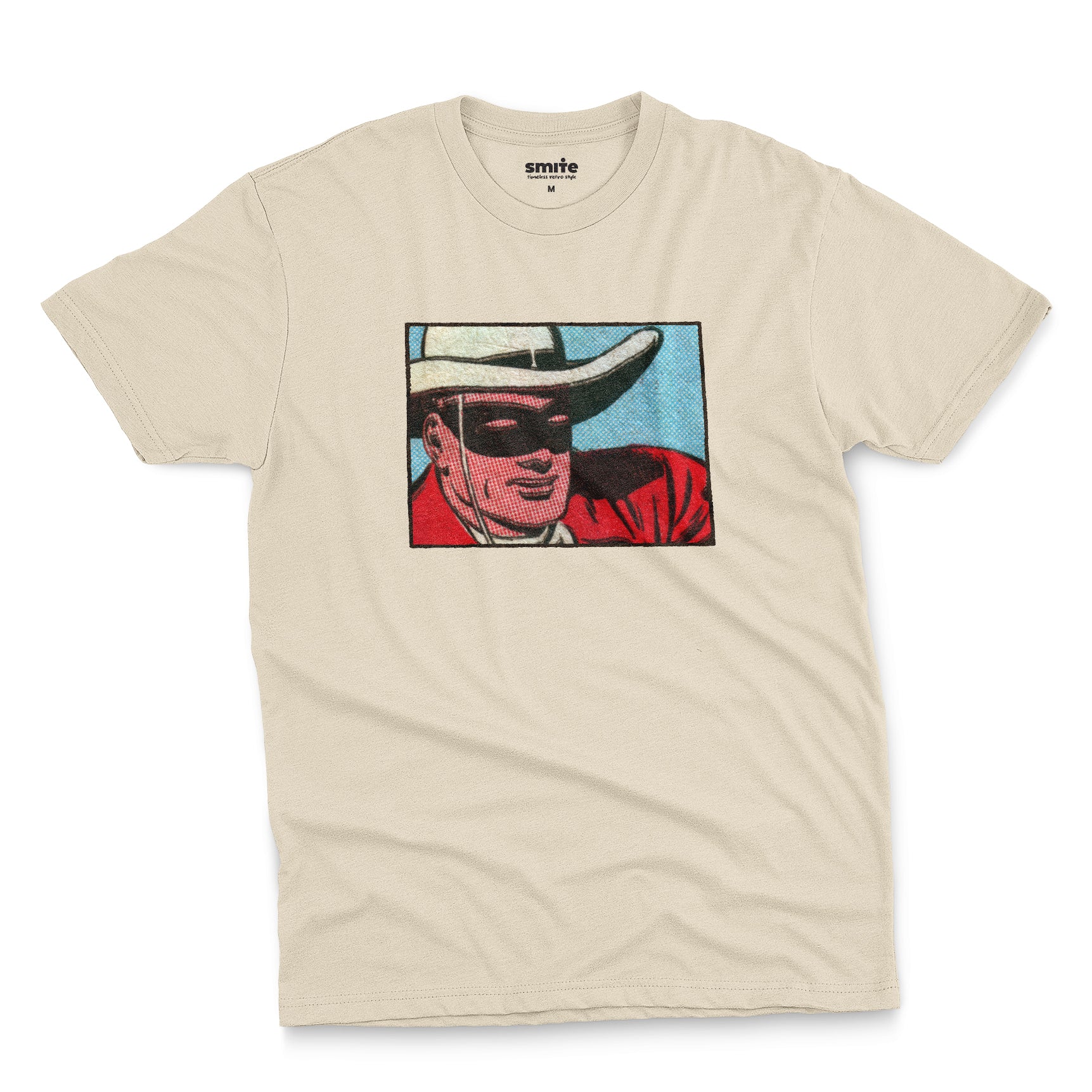 A beige t-shirt with a retro cartoon graphic of a cowboy wearing a white hat and a black mask.