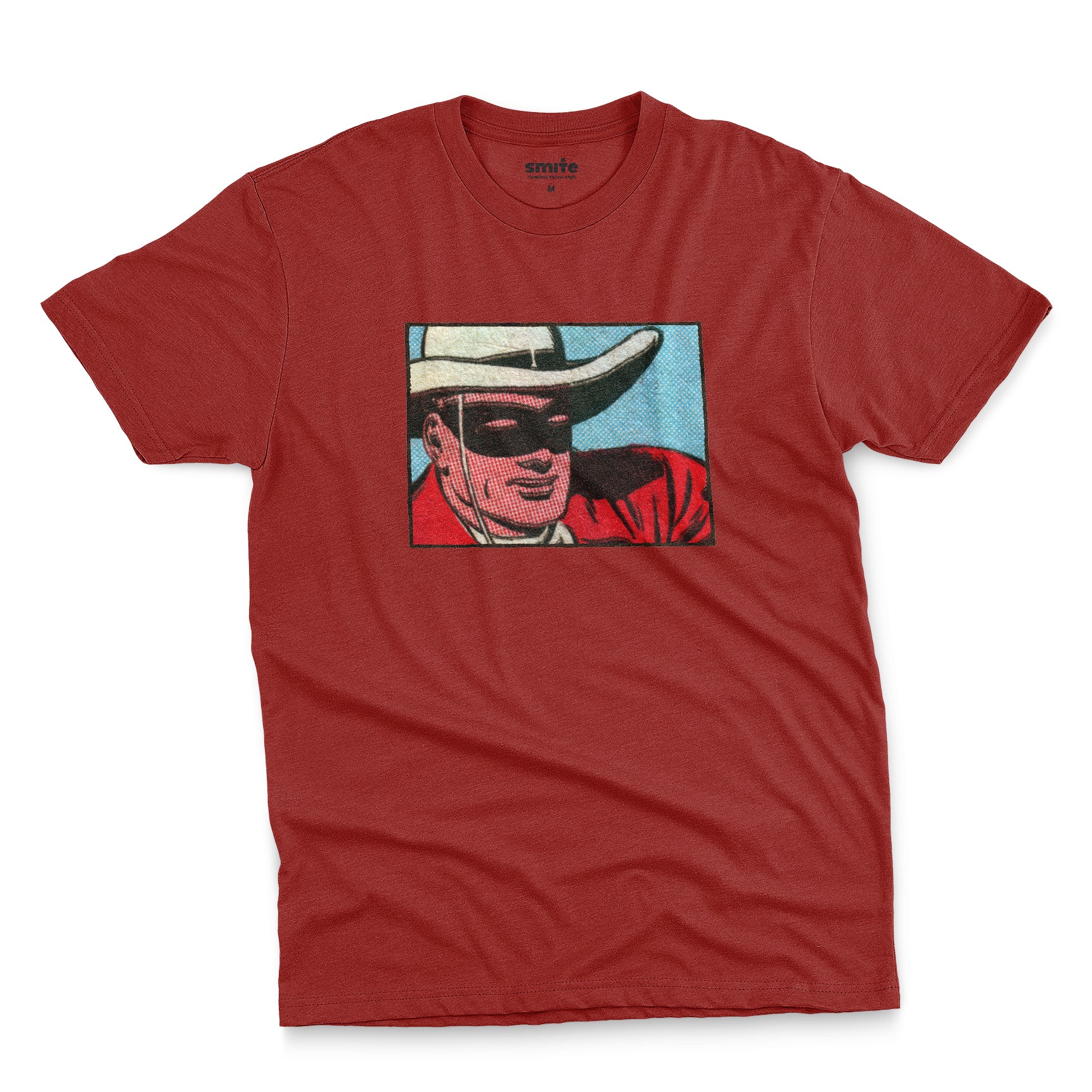 A red t-shirt with a retro cartoon graphic of a cowboy wearing a white hat and a black mask.
