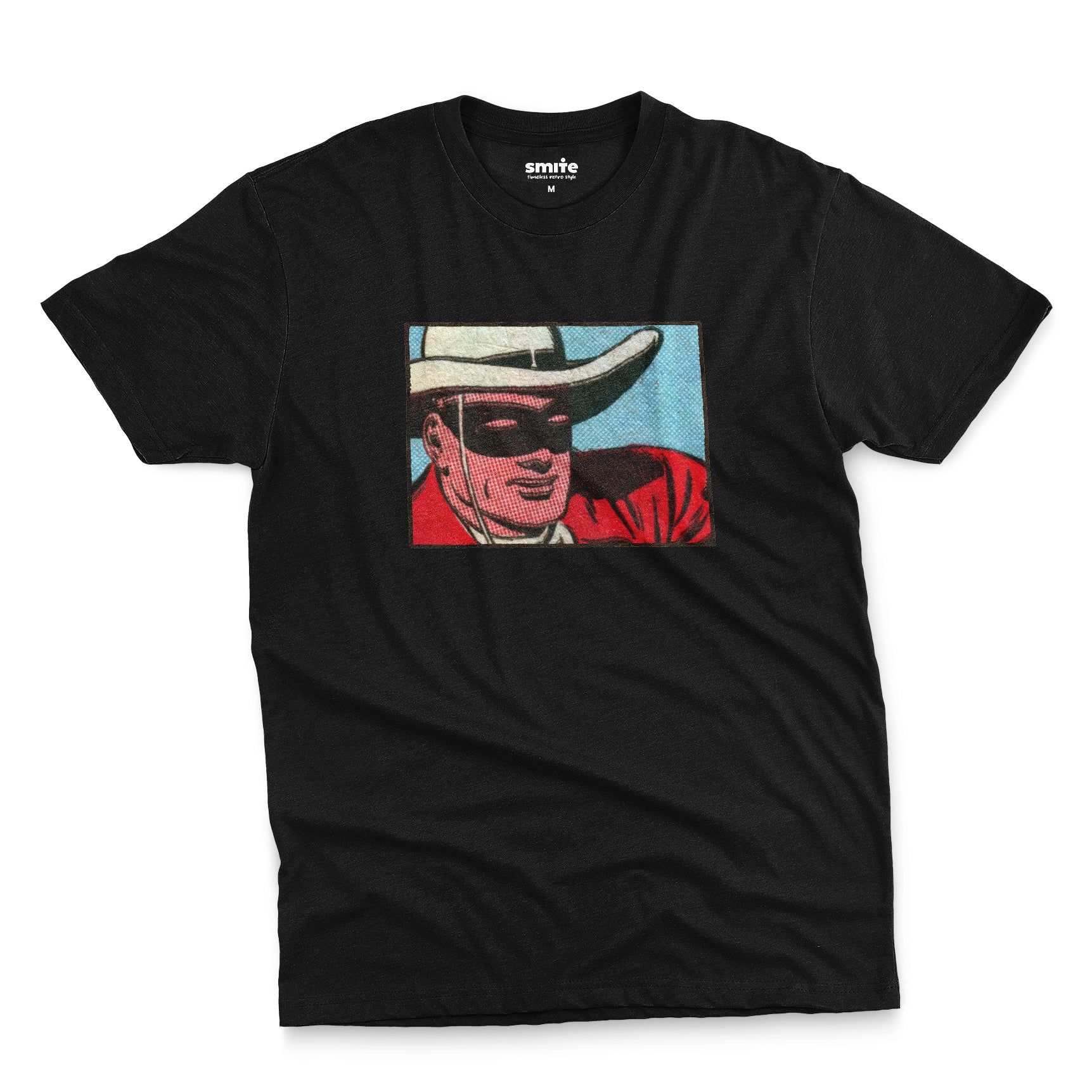 A black t-shirt with a retro cartoon graphic of a cowboy wearing a white hat and a black mask.