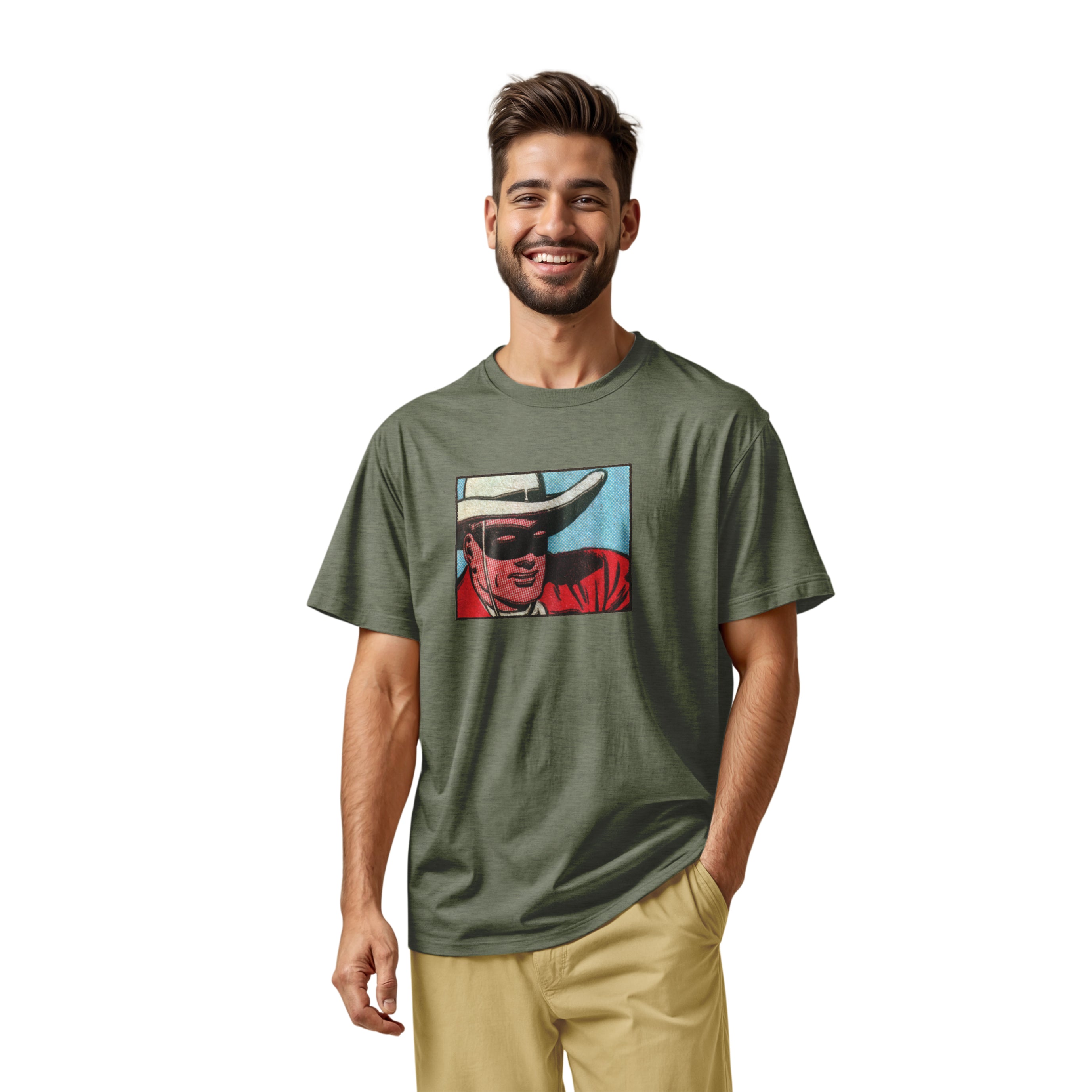 A green t-shirt with a retro cartoon graphic of a cowboy wearing a white hat and a black mask.