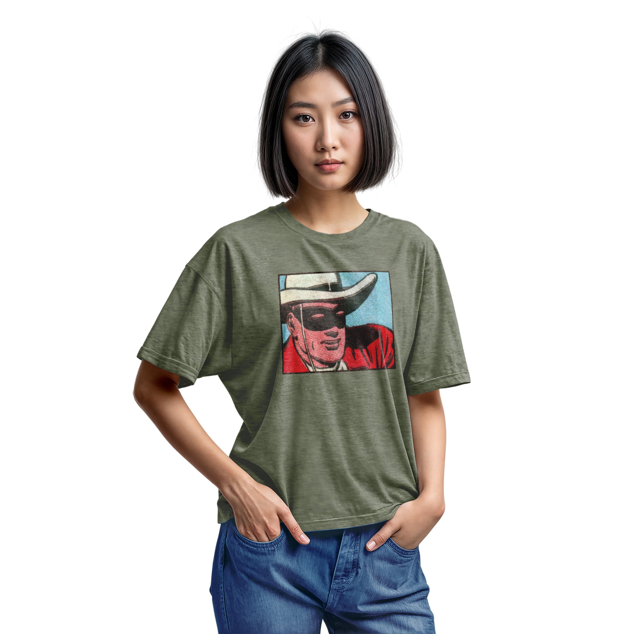 A green t-shirt with a retro cartoon graphic of a cowboy wearing a white hat and a black mask.
