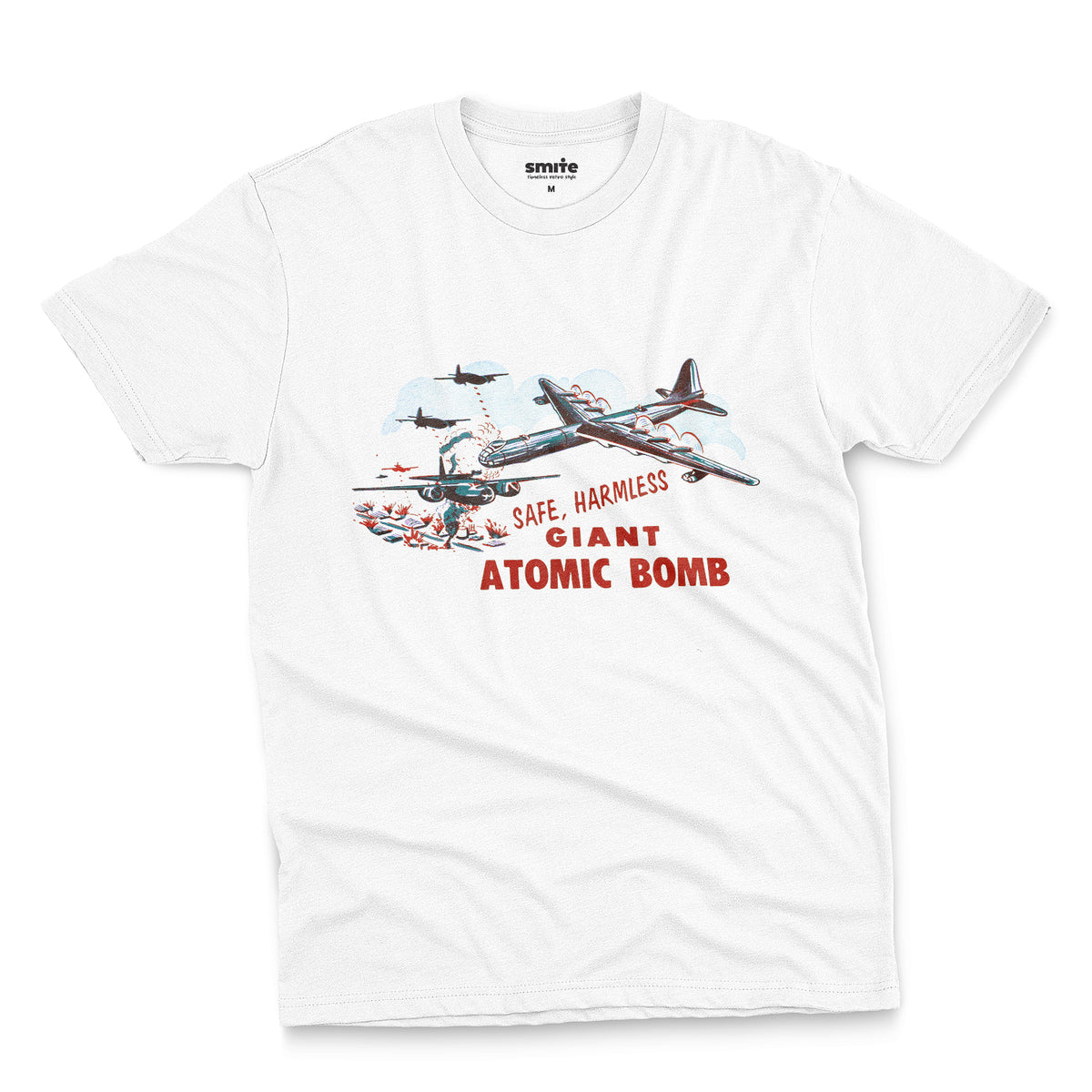 A white t-shirt with the lid graphics from the 'Giant Atomic Bomb' toy packaging., popular in the 1960s.