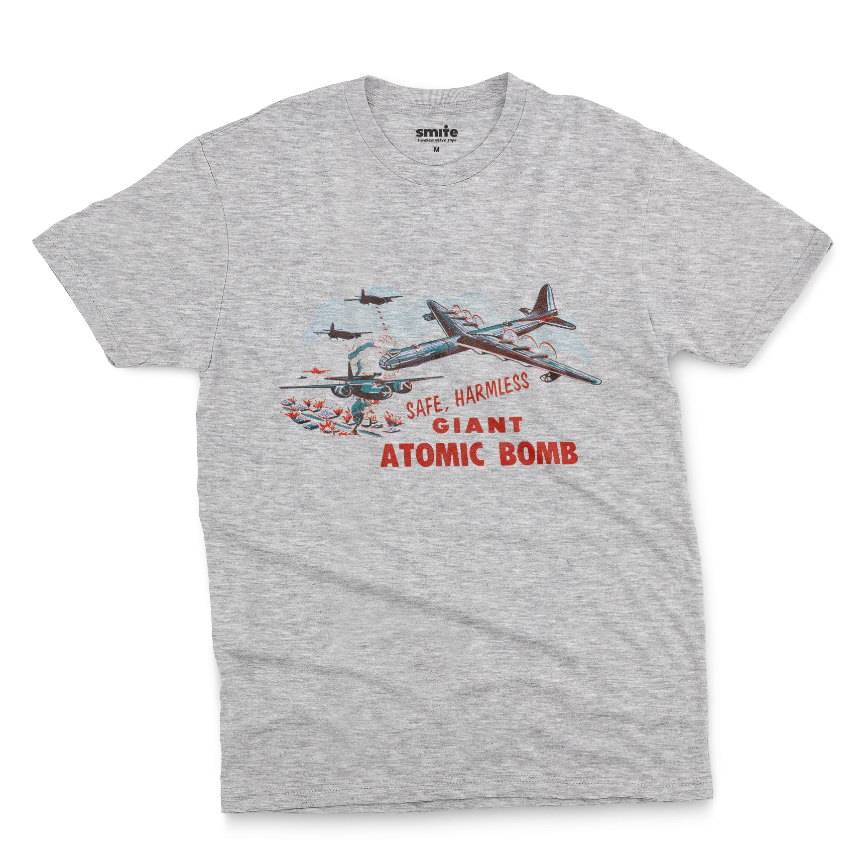 A gray marle t-shirt with the lid graphics from the 'Giant Atomic Bomb' toy packaging., popular in the 1960s.
