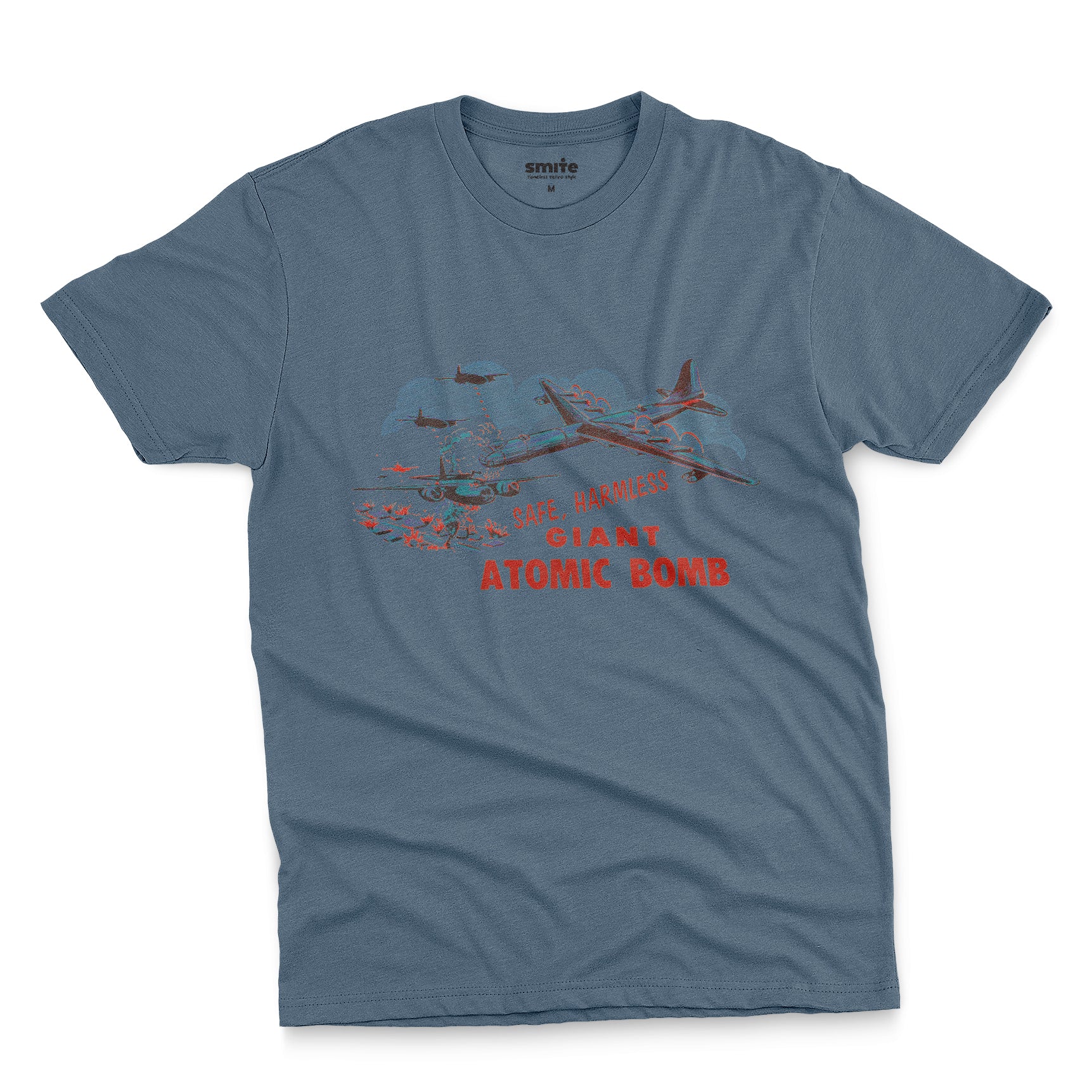 A blue t-shirt with the lid graphics from the 'Giant Atomic Bomb' toy packaging., popular in the 1960s.