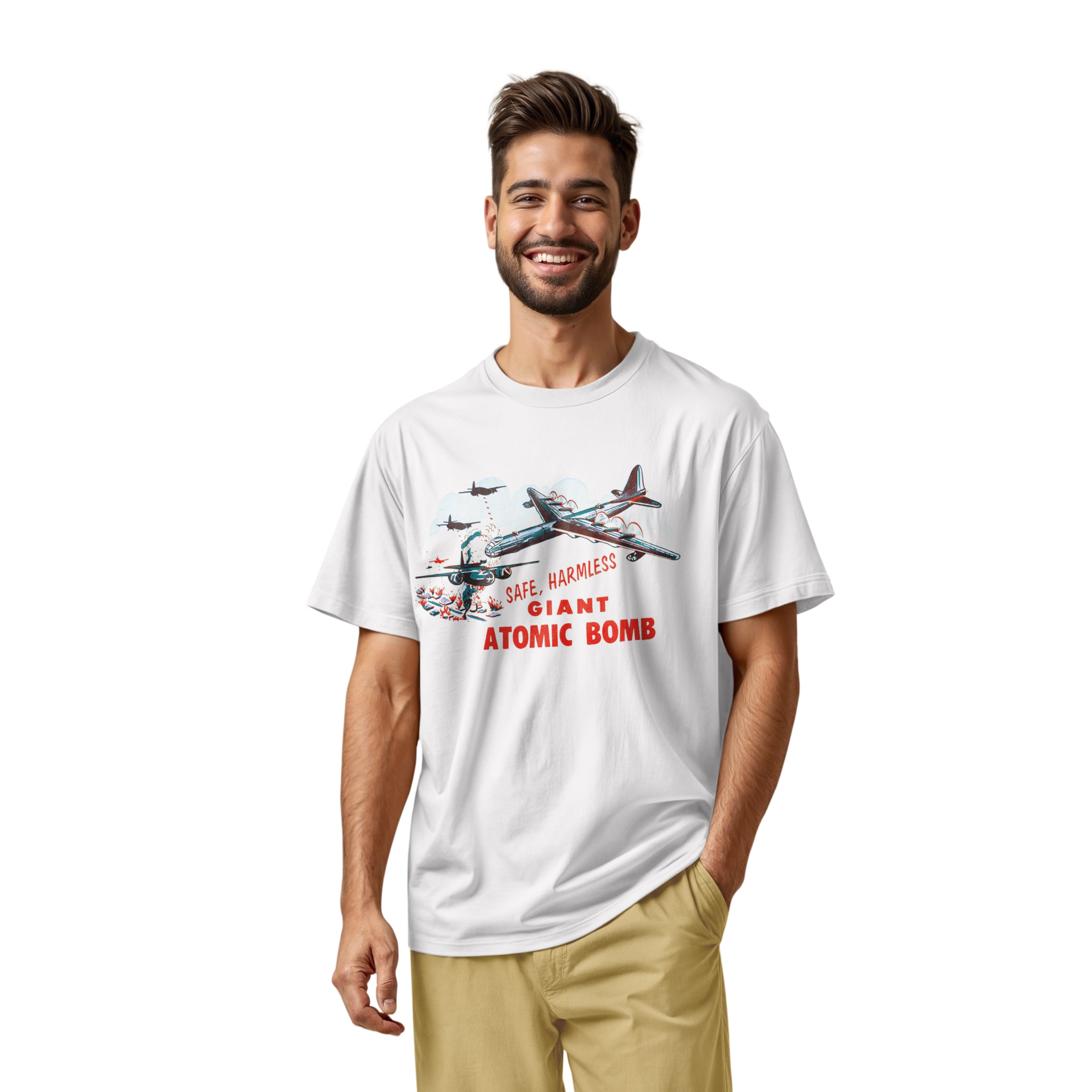 A white t-shirt with the lid graphics from the 'Giant Atomic Bomb' toy packaging., popular in the 1960s.