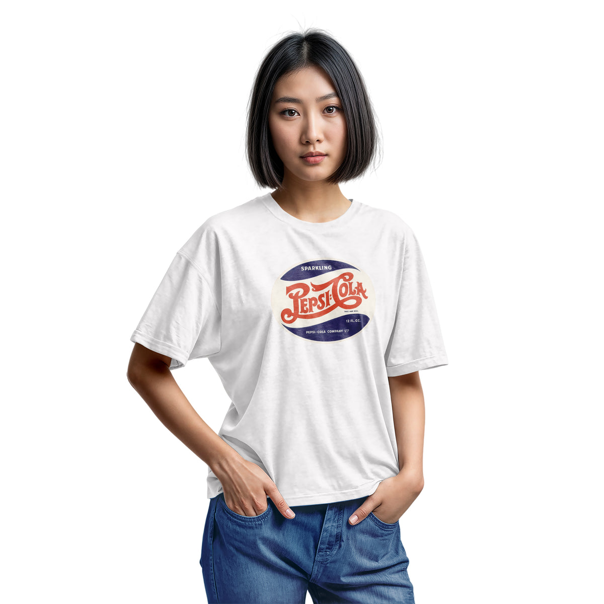 A white t-shirt featuring a vintage hand lettered Pepsi-Cola logo from the 1940s.