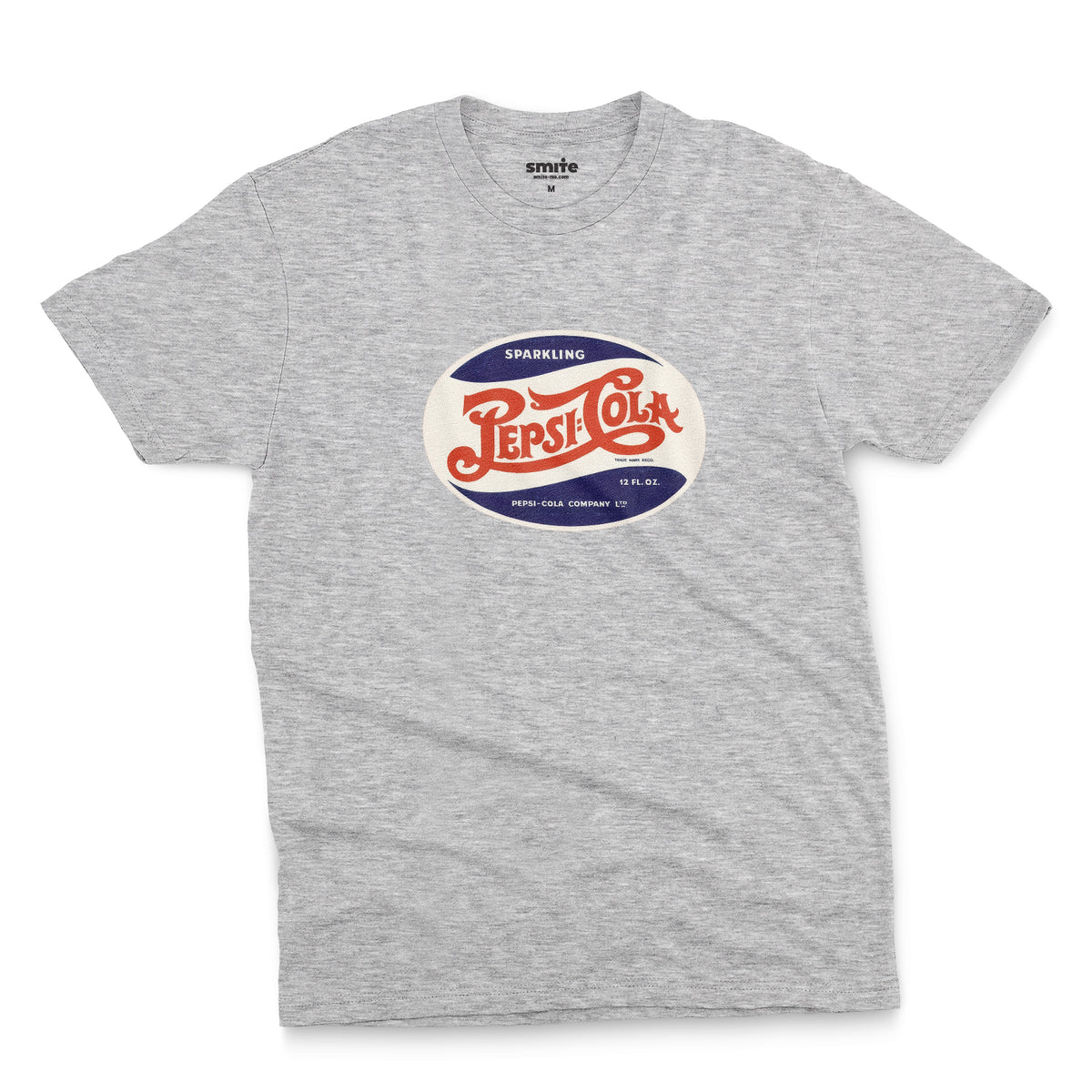 A gray marle t-shirt featuring a vintage hand lettered Pepsi-Cola logo from the 1940s.