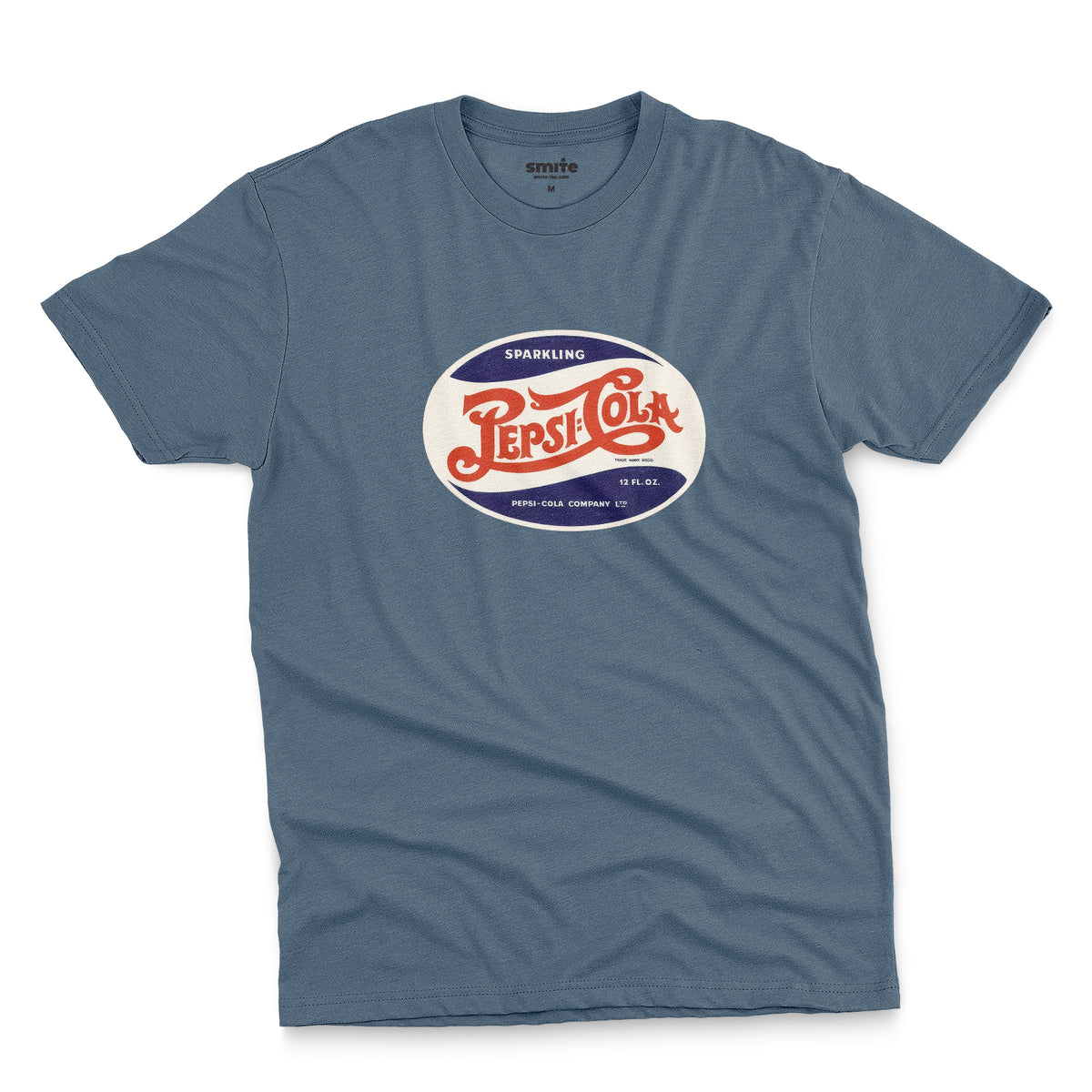 A blue t-shirt featuring a vintage hand lettered Pepsi-Cola logo from the 1940s.