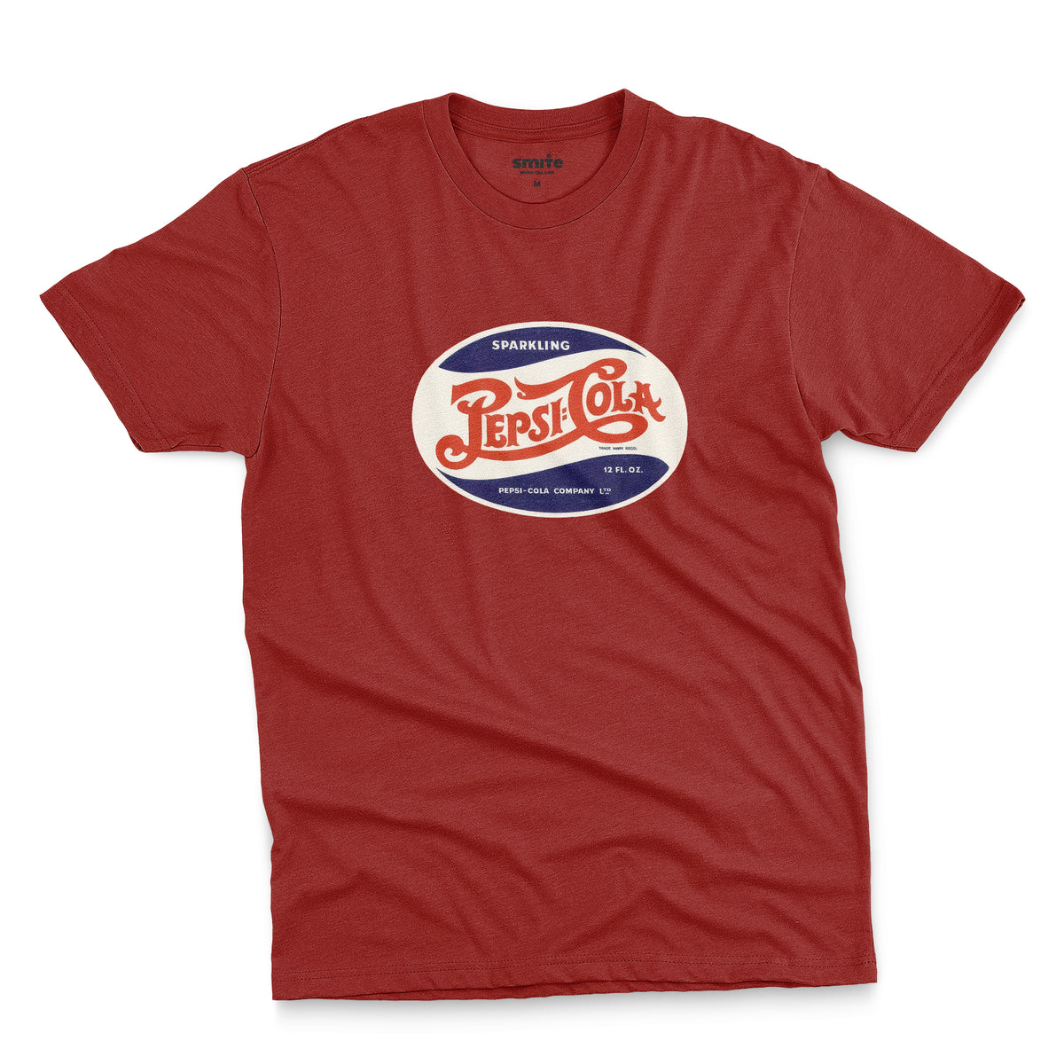 A red t-shirt featuring a vintage hand lettered Pepsi-Cola logo from the 1940s.