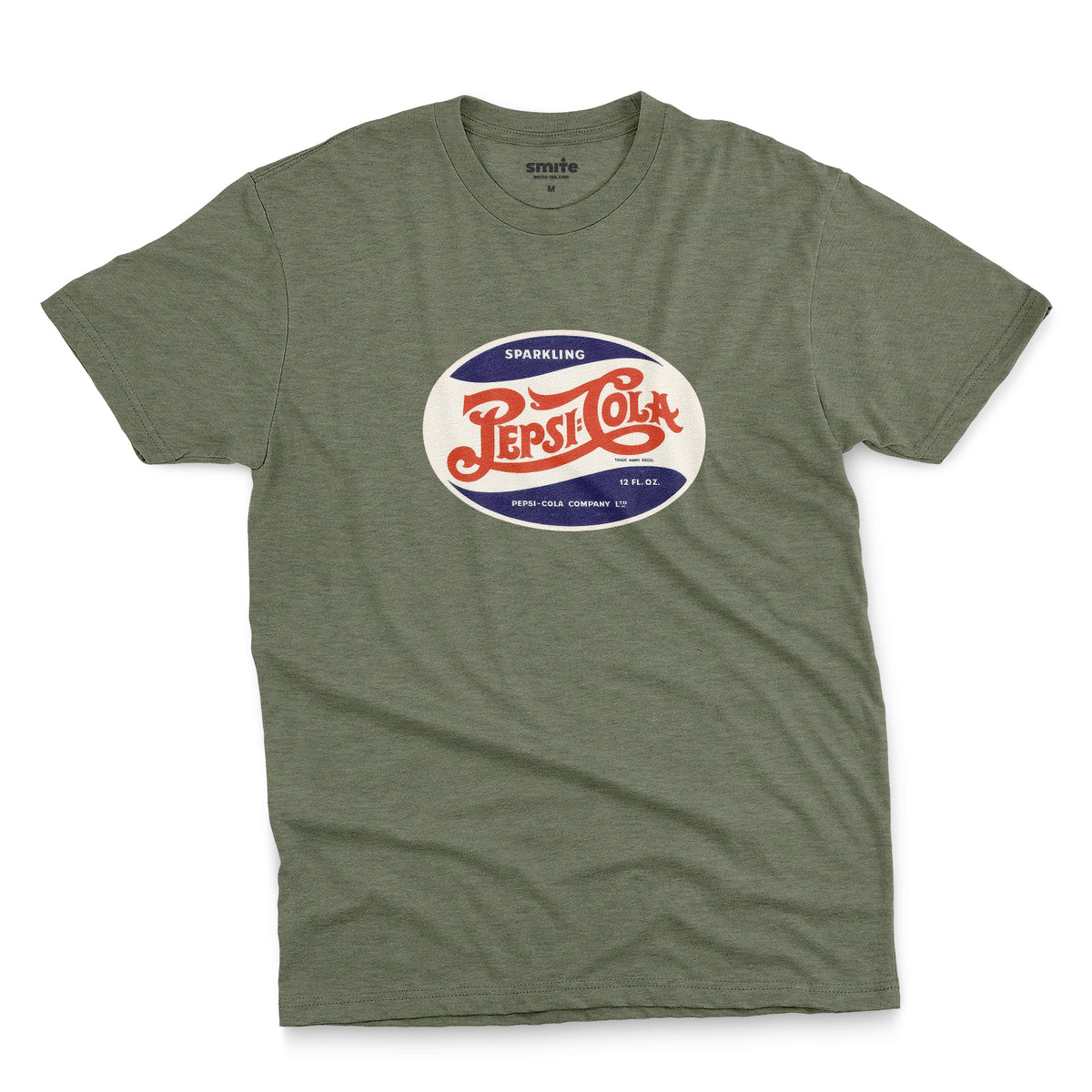 A green t-shirt featuring a vintage hand lettered Pepsi-Cola logo from the 1940s.