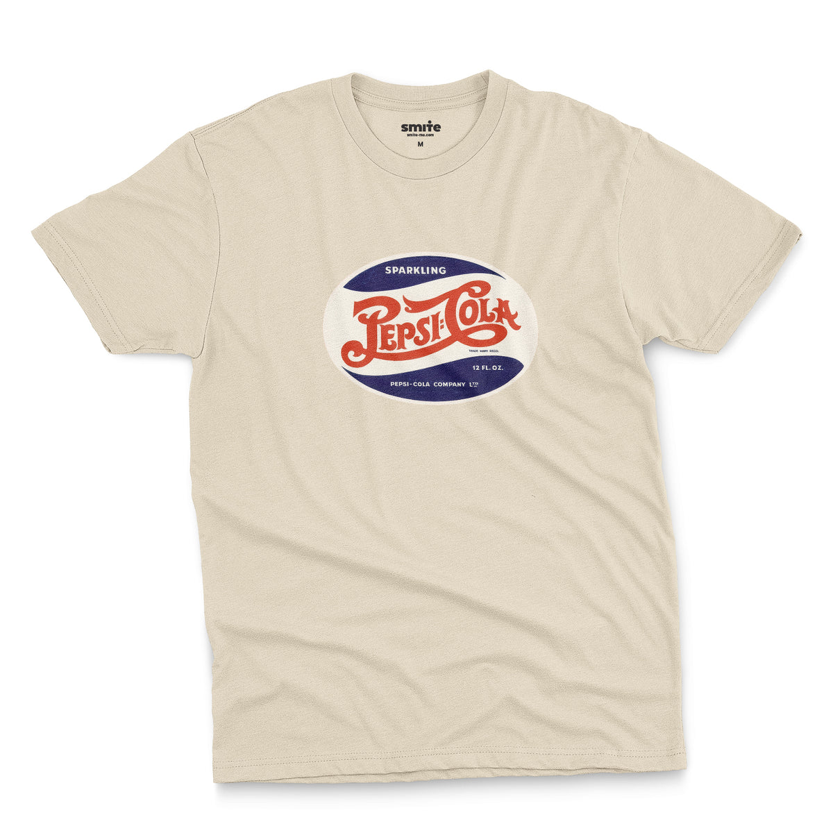 A beige t-shirt featuring a vintage hand lettered Pepsi-Cola logo from the 1940s.