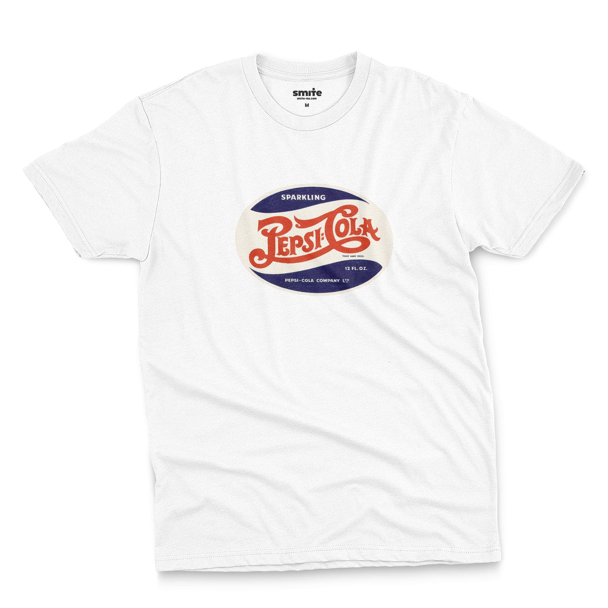 A white t-shirt featuring a vintage hand lettered Pepsi-Cola logo from the 1940s.
