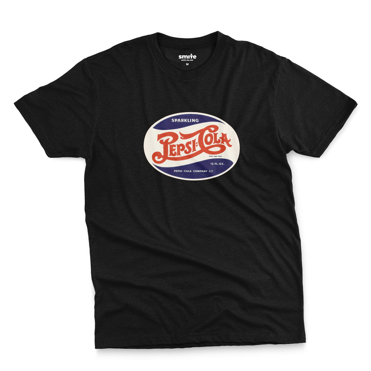 A black t-shirt featuring a vintage hand lettered Pepsi-Cola logo from the 1940s.