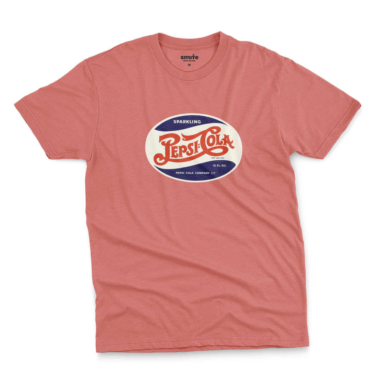 A coral pink t-shirt featuring a vintage hand lettered Pepsi-Cola logo from the 1940s.
