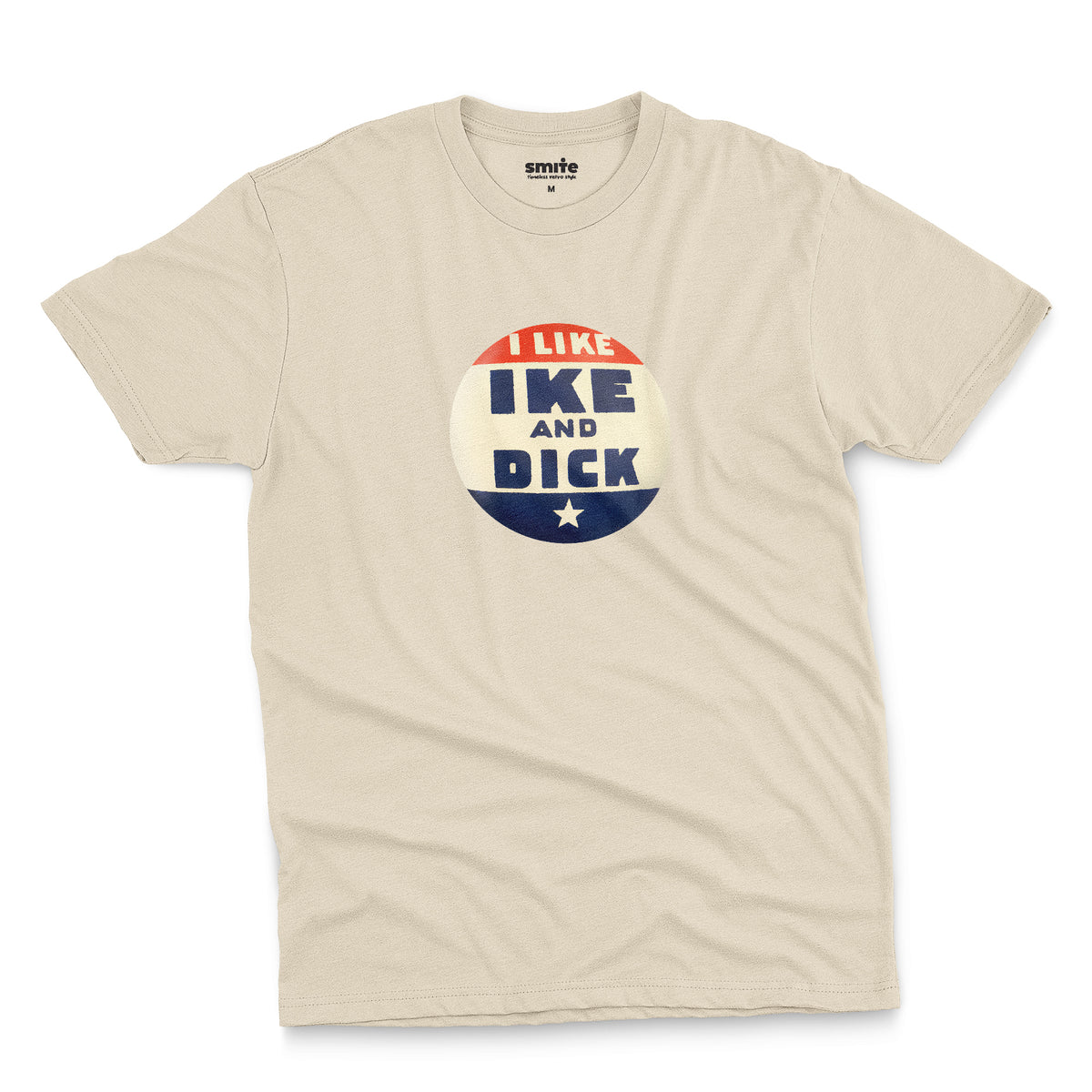 A beige t-shirt with retro Eisenhower Nixon 1956 presidential campaign pin graphic.