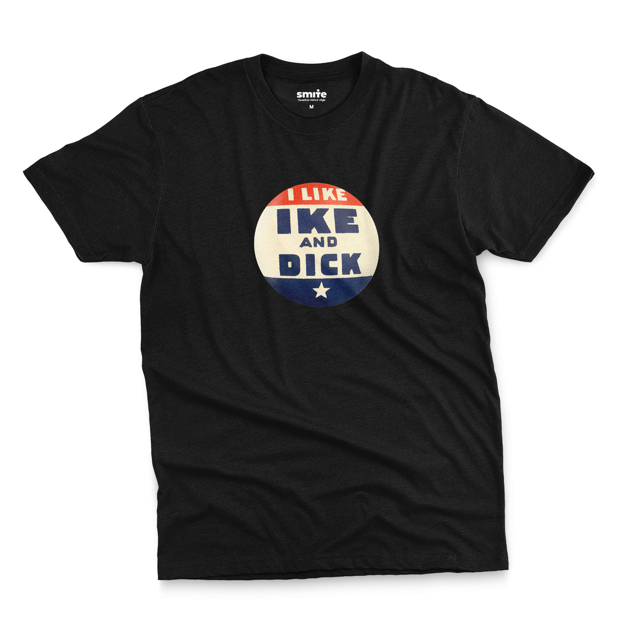 A black t-shirt with retro Eisenhower Nixon 1956 presidential campaign pin graphic.