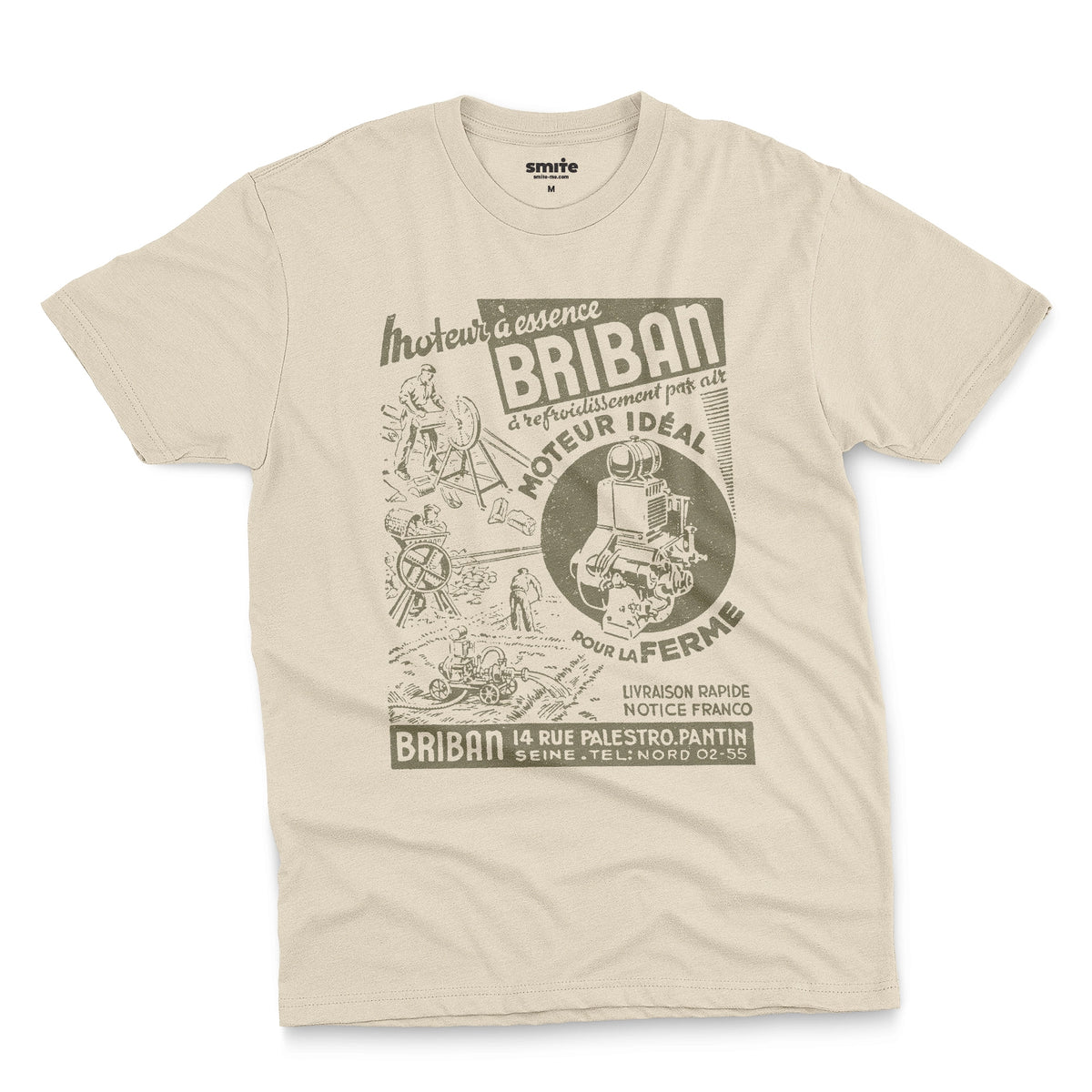 A beige t-shirt with a vintage advertisement for the Briban gasoline engine from a 1930s French farming magazine.