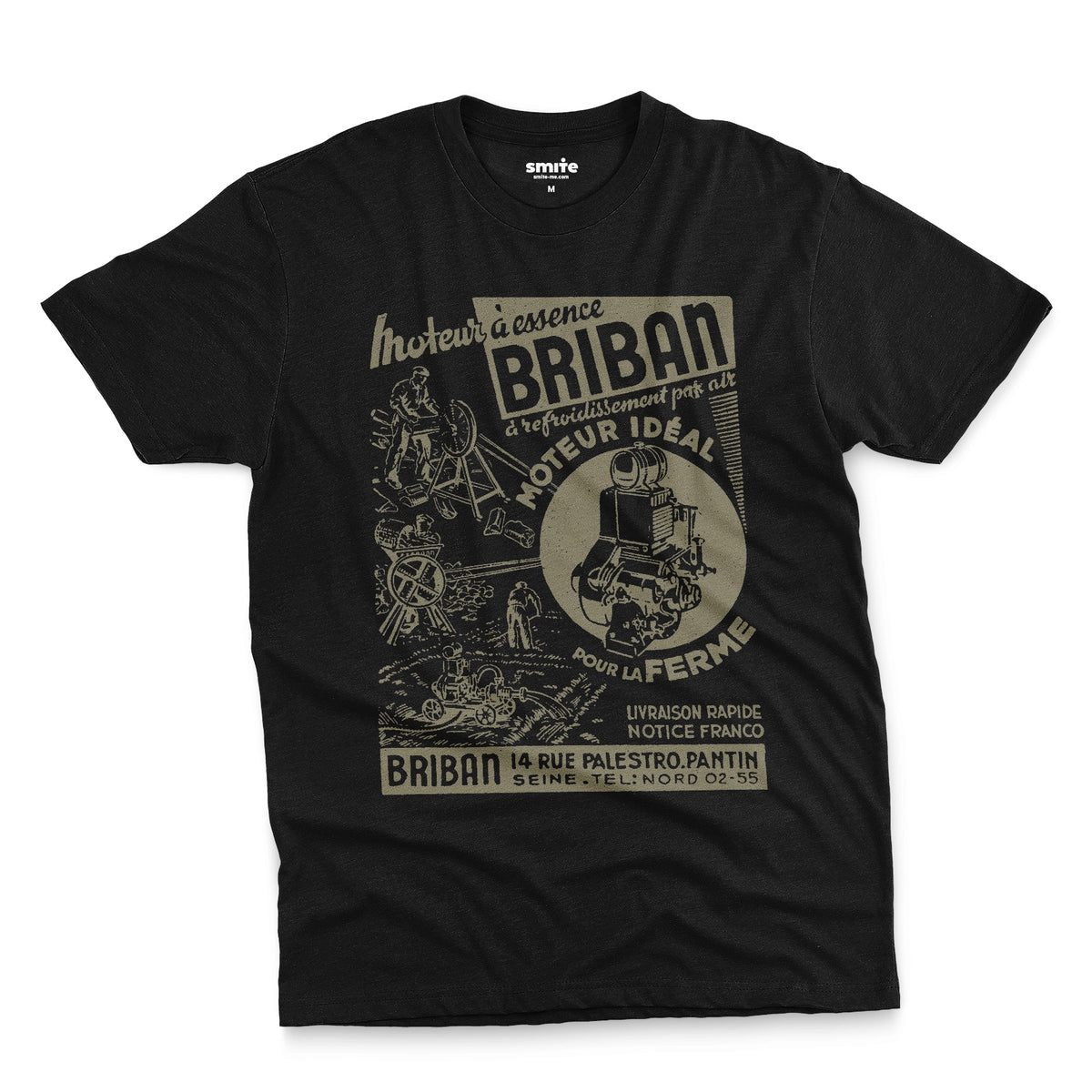 A black t-shirt with a vintage advertisement for the Briban gasoline engine from a 1930s French farming magazine.