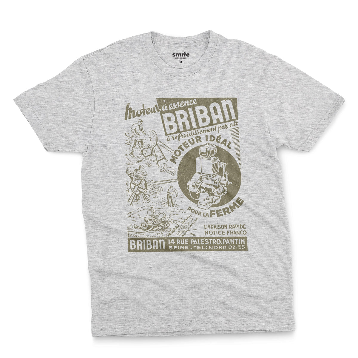 A gray marle t-shirt with a vintage advertisement for the Briban gasoline engine from a 1930s French farming magazine.