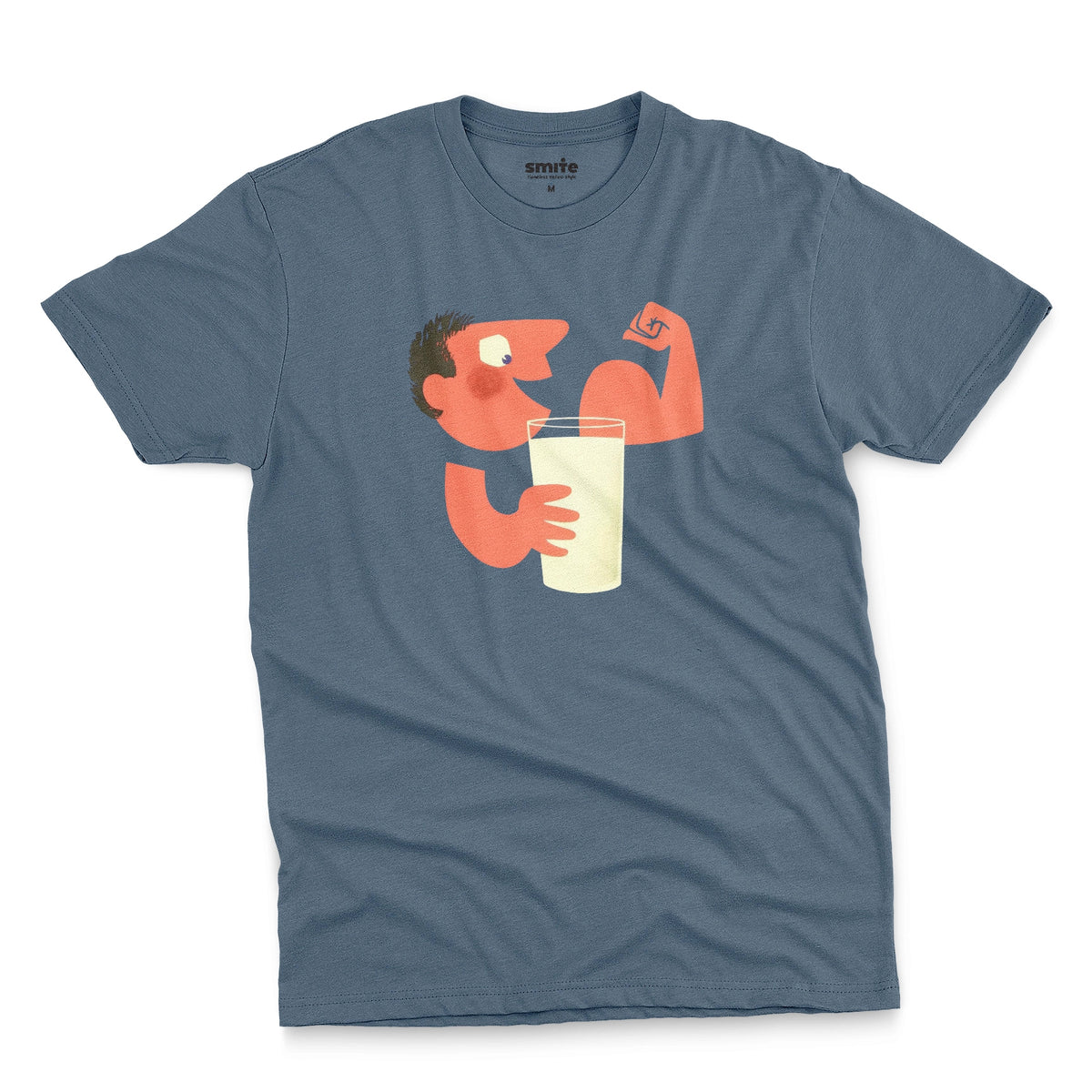 A blue t-shirt with an advertisement for milk featuring a retro cartoon graphic of a muscular man flexing his arm and holding a glass of milk.