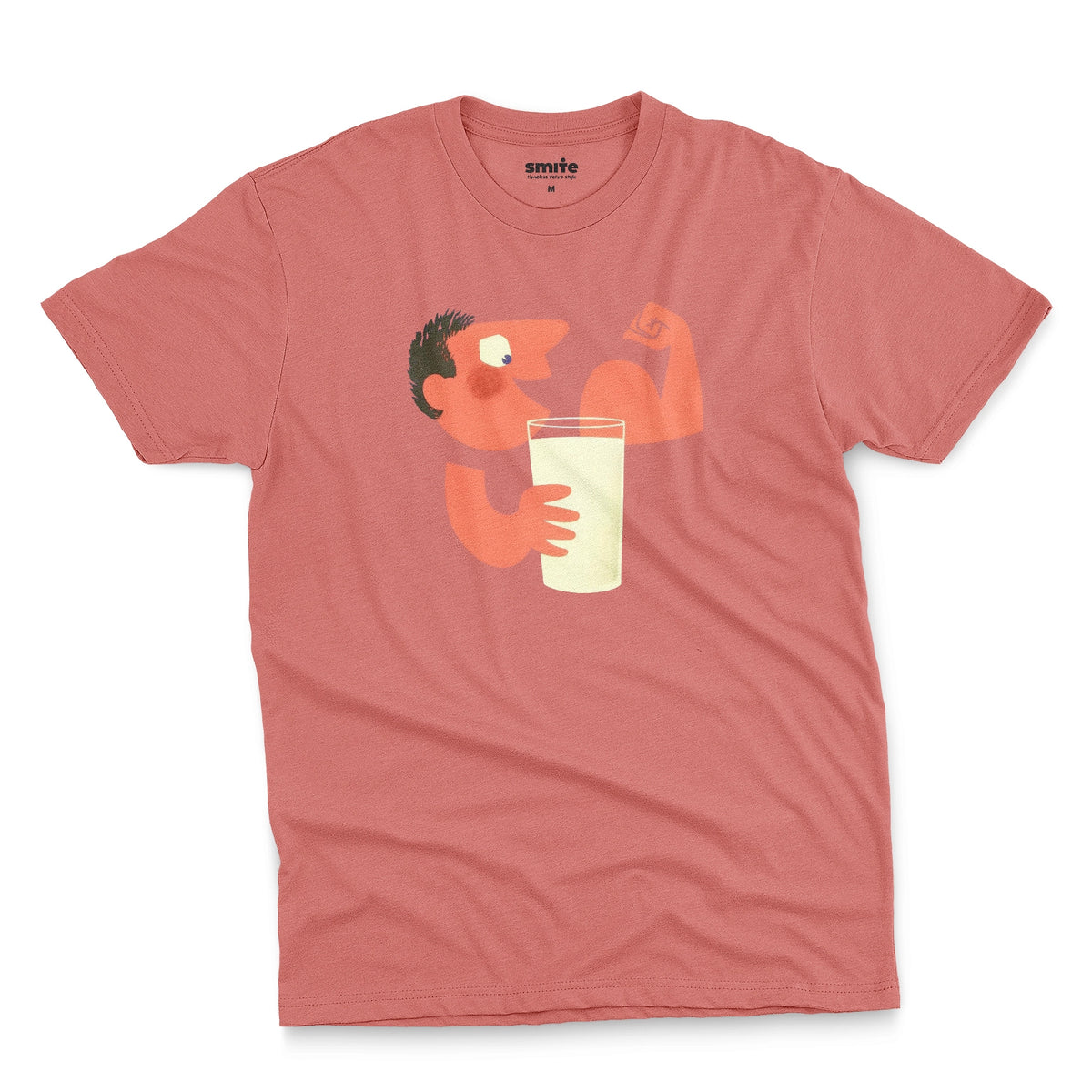 A coral pink t-shirt with an advertisement for milk featuring a retro cartoon graphic of a muscular man flexing his arm and holding a glass of milk.