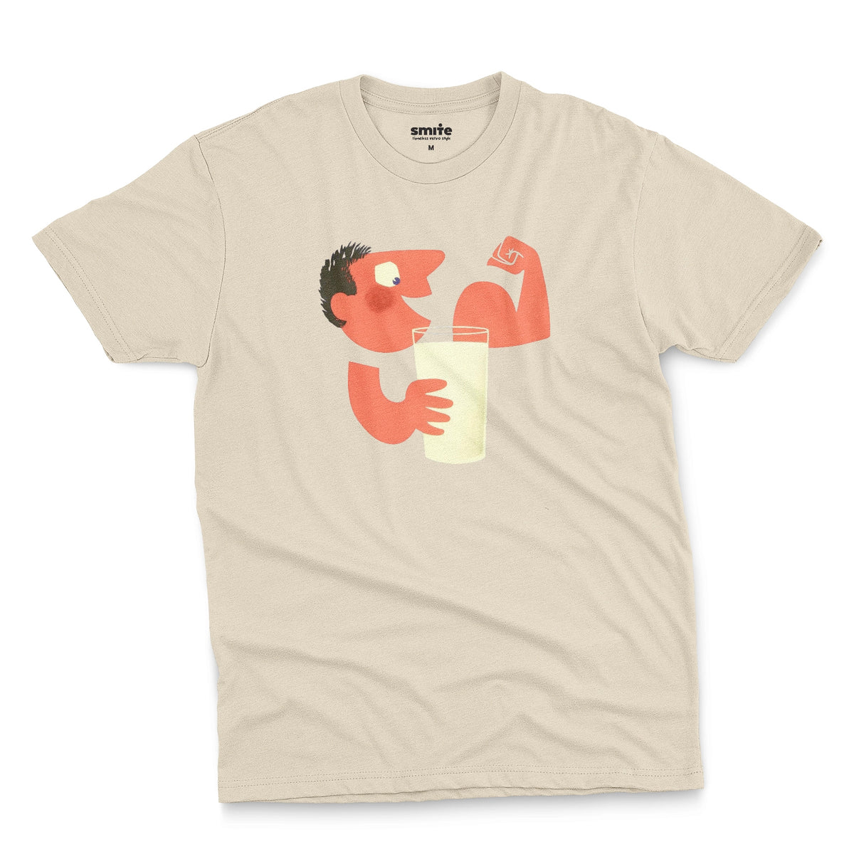 A beige t-shirt with an advertisement for milk featuring a retro cartoon graphic of a muscular man flexing his arm and holding a glass of milk.