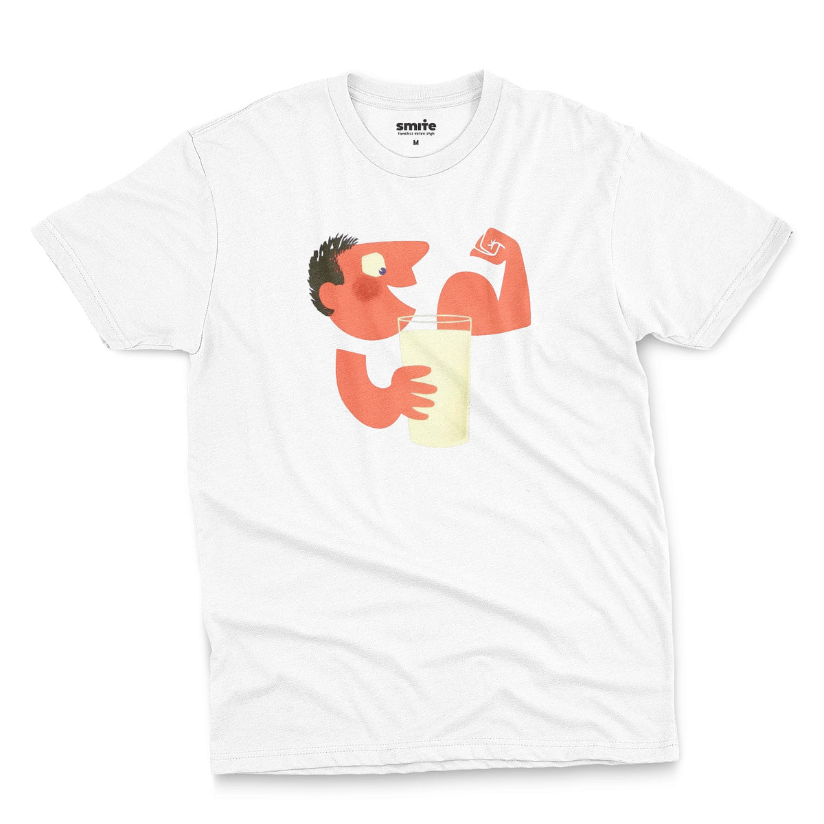 A white t-shirt with an advertisement for milk featuring a retro cartoon graphic of a muscular man flexing his arm and holding a glass of milk.