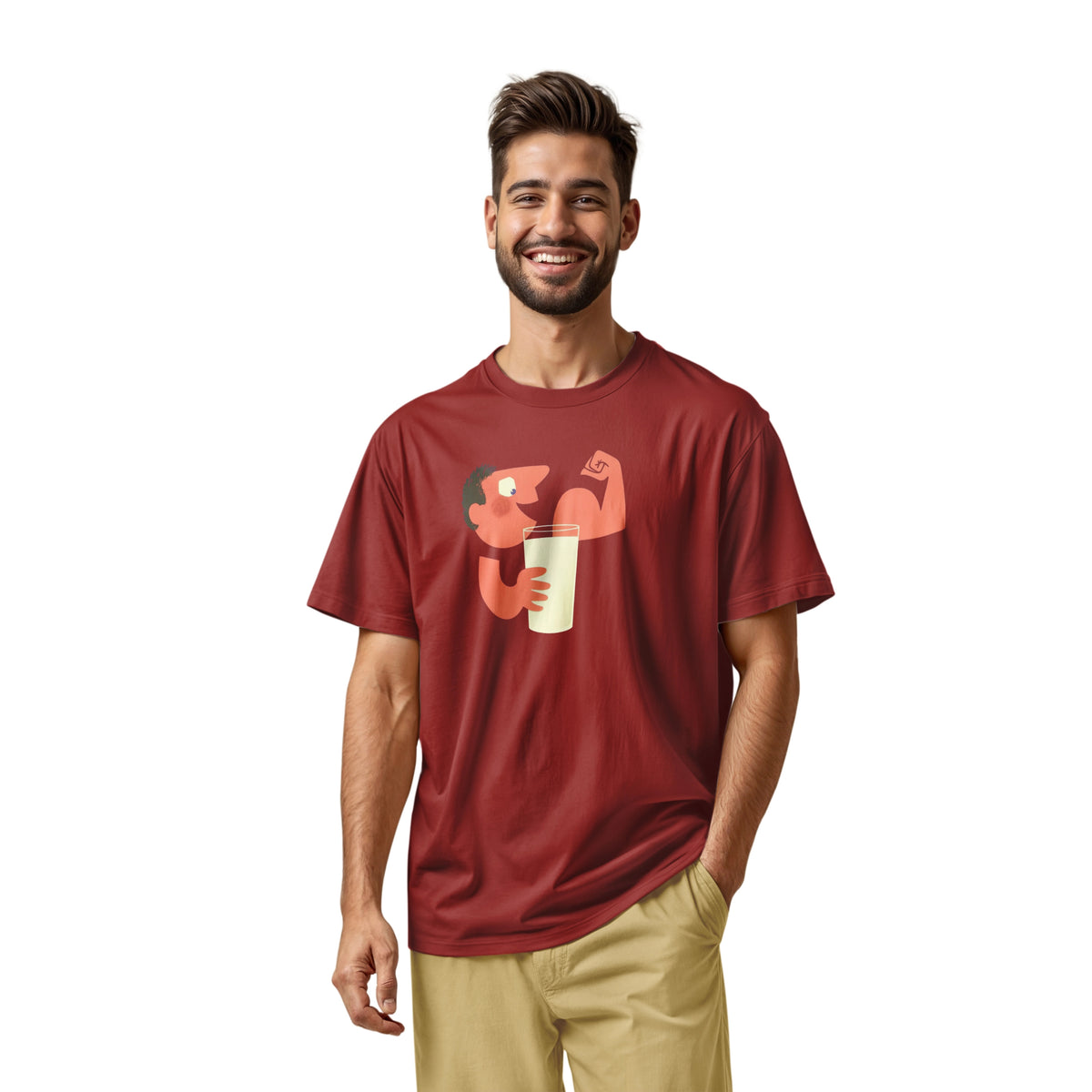 A red t-shirt with an advertisement for milk featuring a retro cartoon graphic of a muscular man flexing his arm and holding a glass of milk.