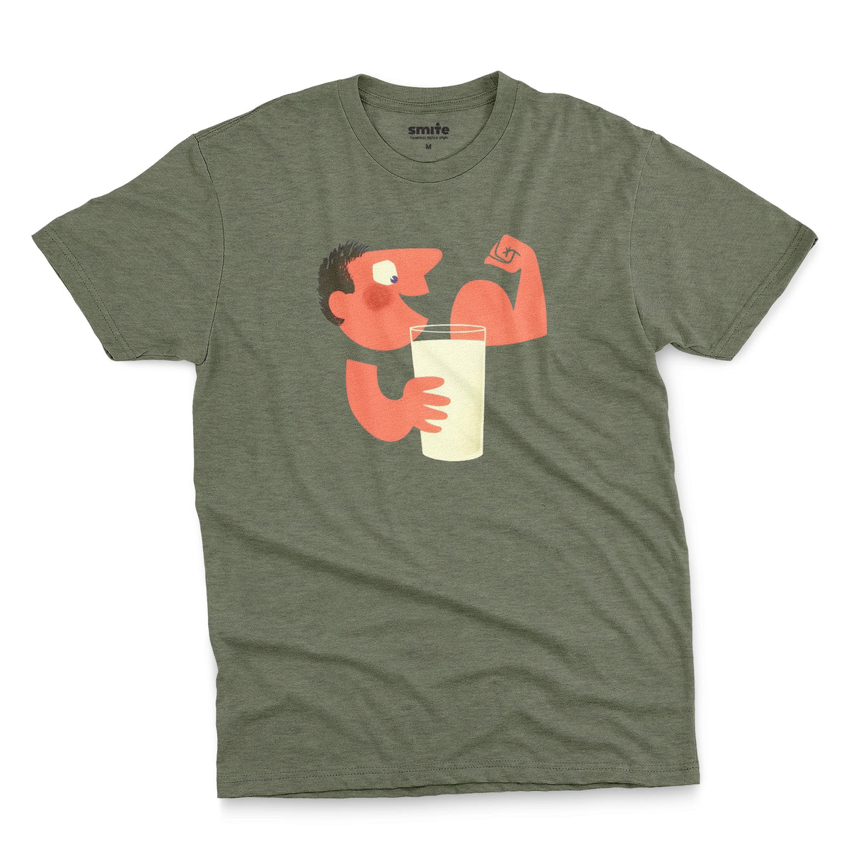 A green t-shirt with an advertisement for milk featuring a retro cartoon graphic of a muscular man flexing his arm and holding a glass of milk.