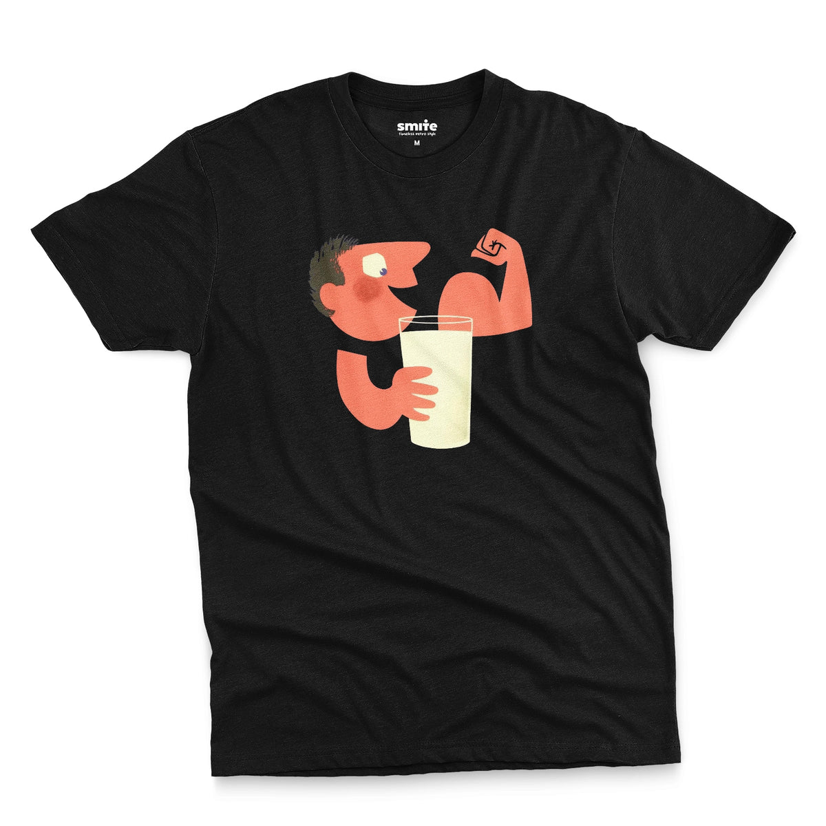 A black t-shirt with an advertisement for milk featuring a retro cartoon graphic of a muscular man flexing his arm and holding a glass of milk.