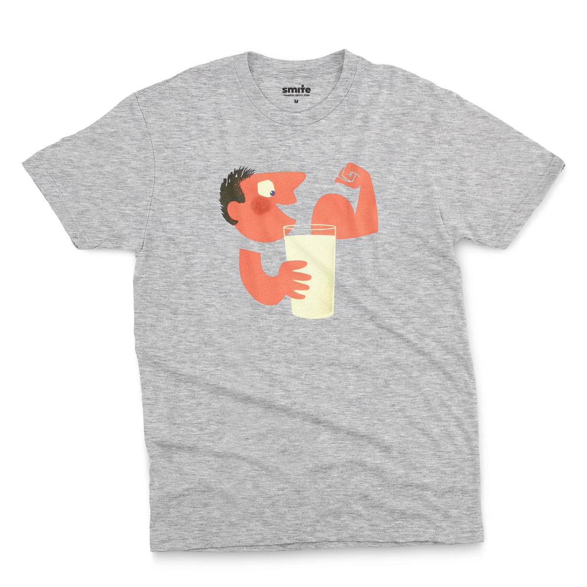 A gray marle t-shirt with an advertisement for milk featuring a retro cartoon graphic of a muscular man flexing his arm and holding a glass of milk.