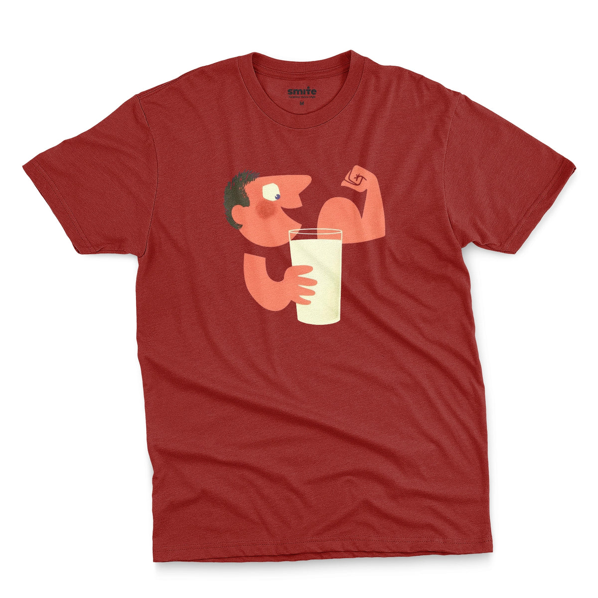 A red t-shirt with an advertisement for milk featuring a retro cartoon graphic of a muscular man flexing his arm and holding a glass of milk.