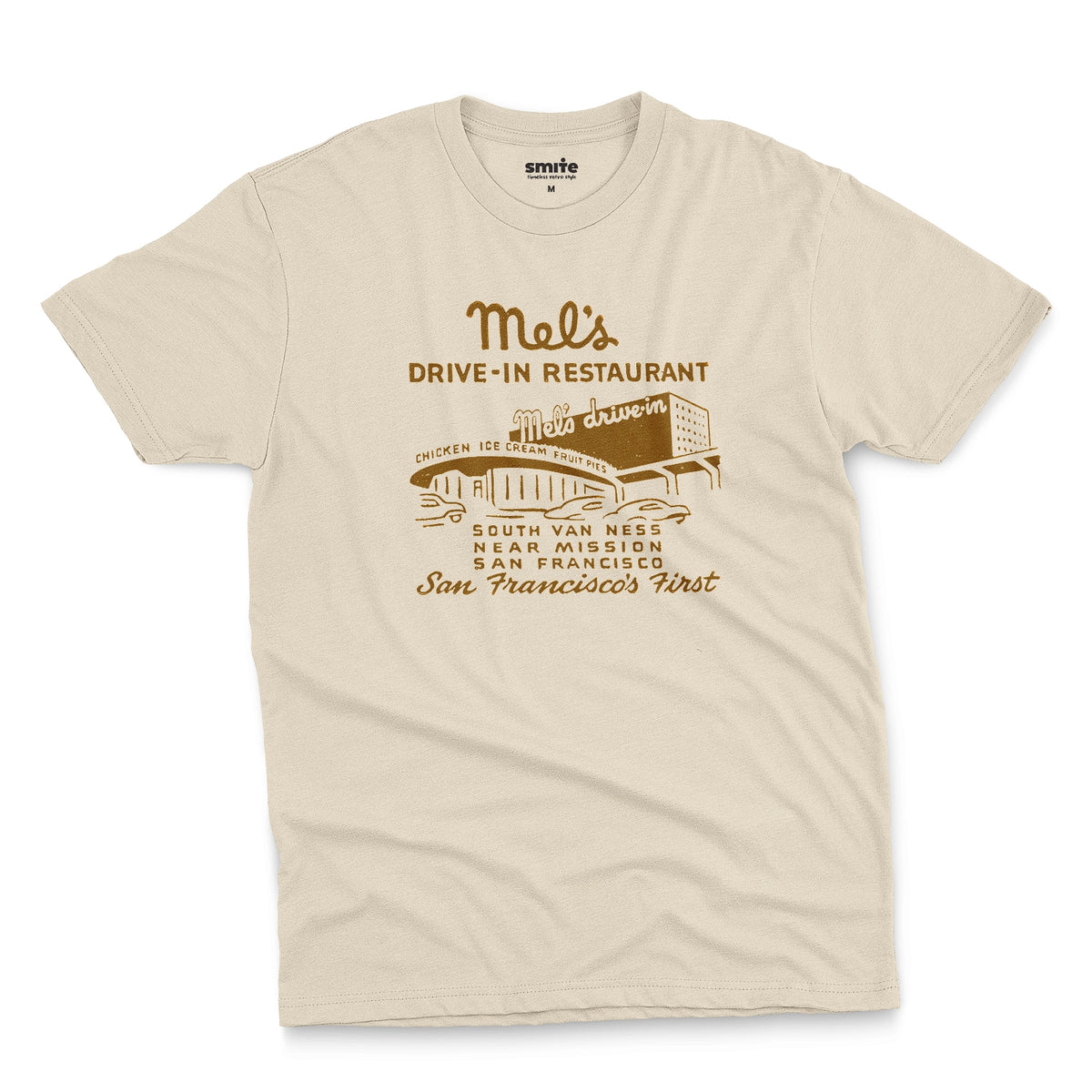 A beige t-shirt featuring an advertisement for 'Mel's Drive-In Restaurant' in San Francisco.