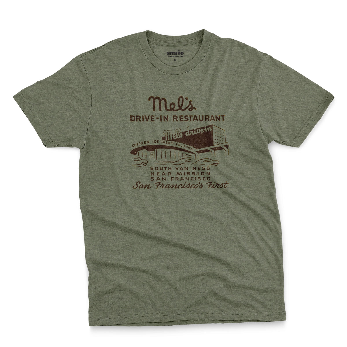 A green t-shirt featuring an advertisement for 'Mel's Drive-In Restaurant' in San Francisco.