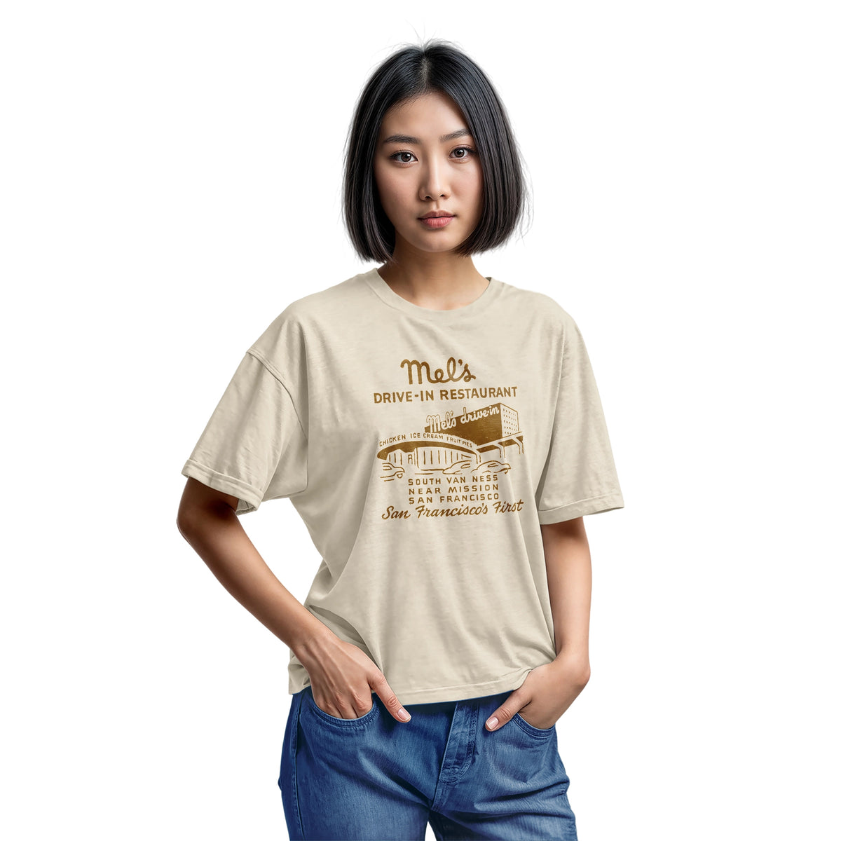 A beige t-shirt featuring an advertisement for 'Mel's Drive-In Restaurant' in San Francisco.