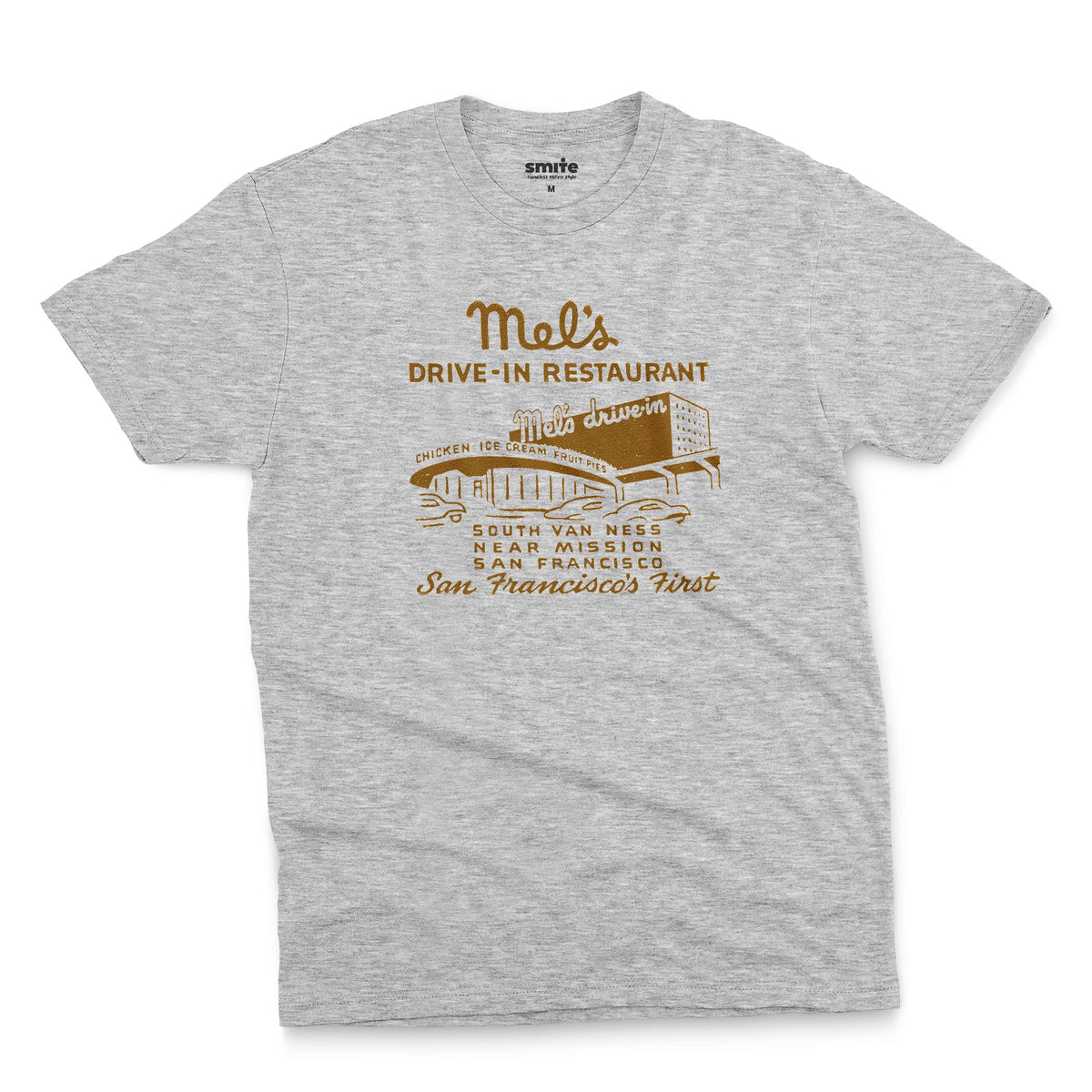 A gray marle t-shirt featuring an advertisement for 'Mel's Drive-In Restaurant' in San Francisco.