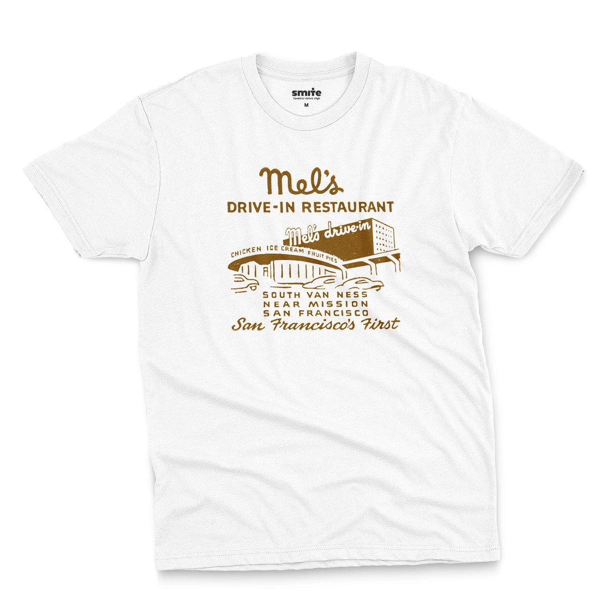 A white t-shirt featuring an advertisement for 'Mel's Drive-In Restaurant' in San Francisco.