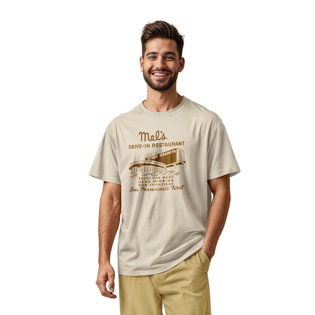 A beige t-shirt featuring an advertisement for 'Mel's Drive-In Restaurant' in San Francisco.