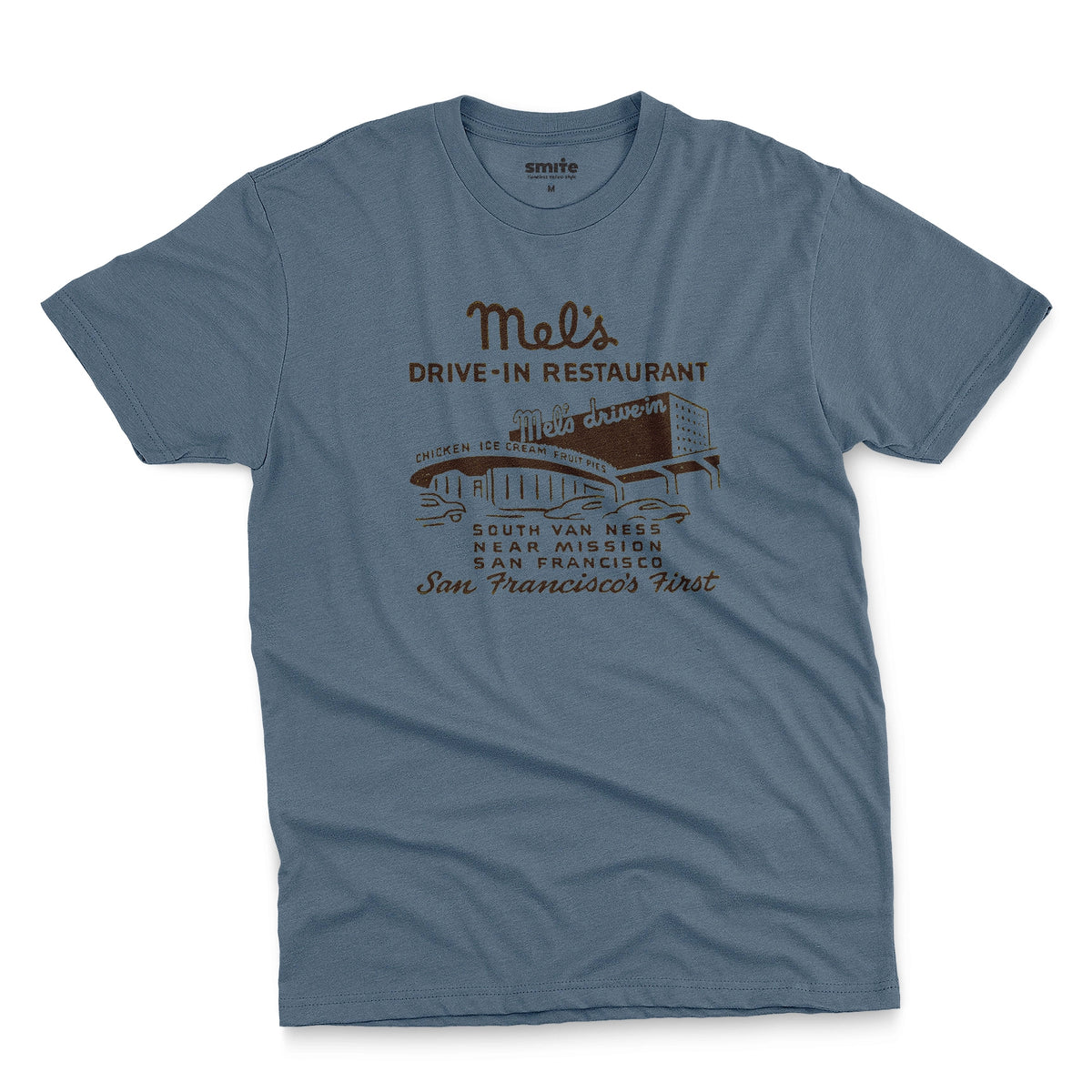 A blue t-shirt featuring an advertisement for 'Mel's Drive-In Restaurant' in San Francisco.