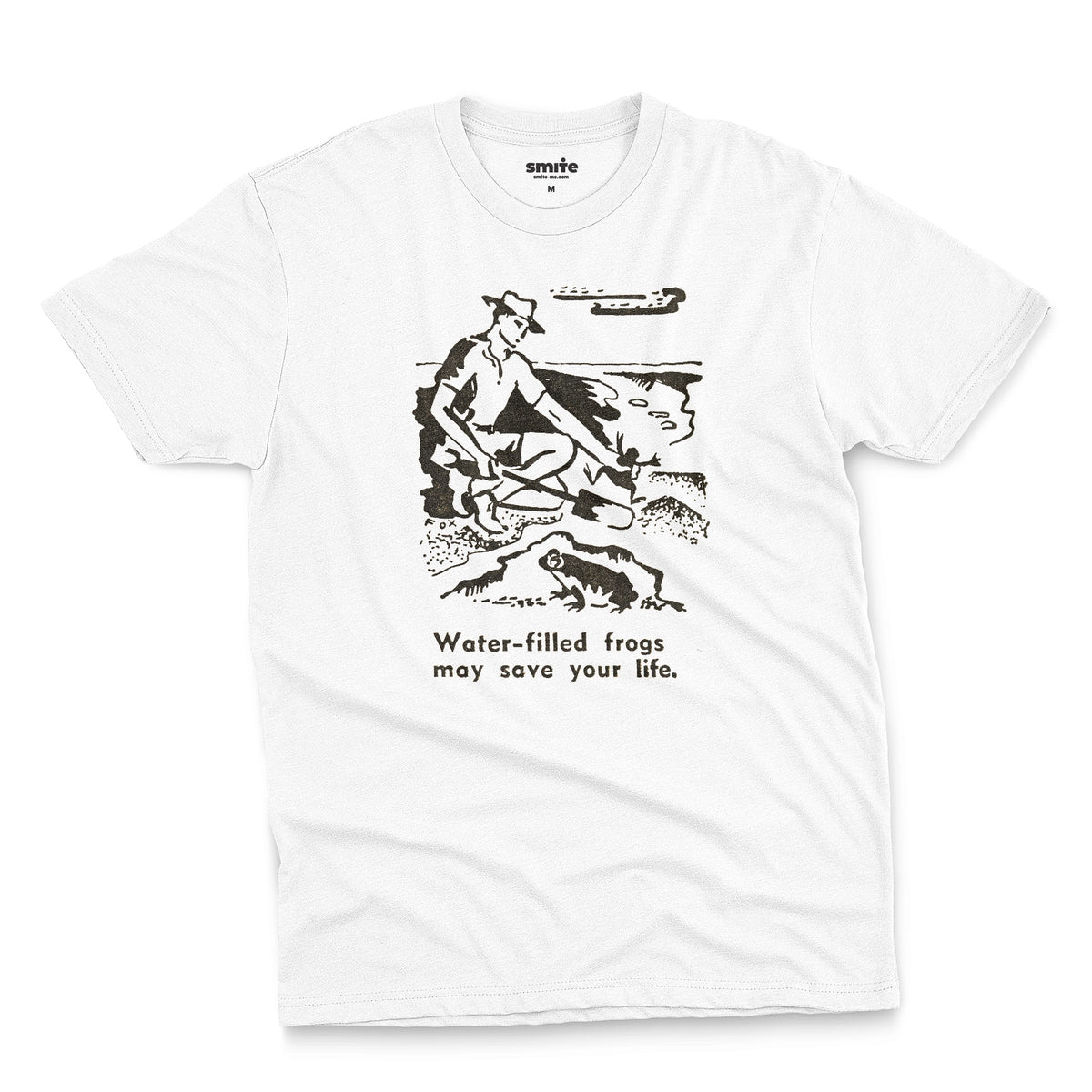 A white t-shirt with a graphic print of an illustration from a World War 2 Australian Army handbook about finding and eating frogs.
