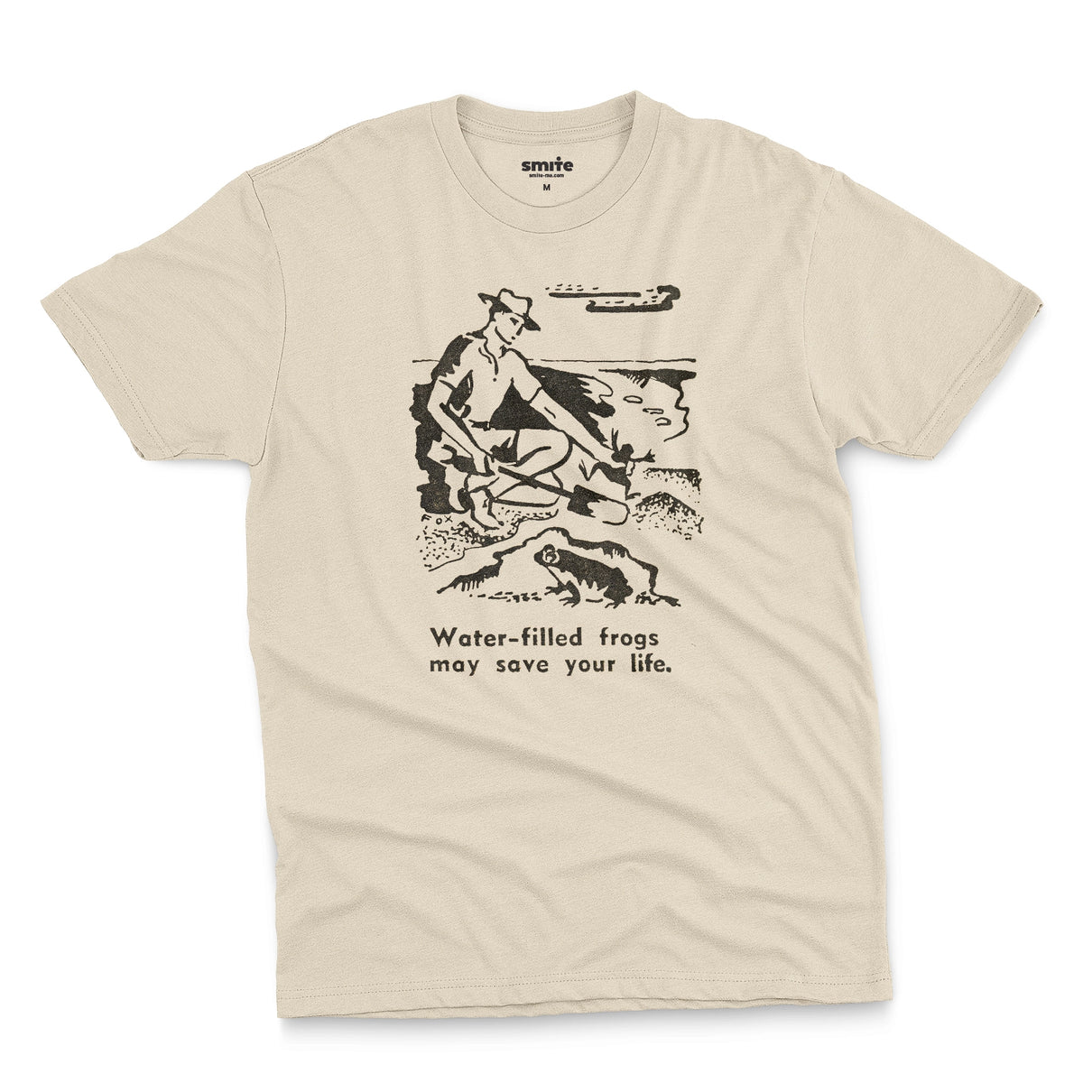 A beige t-shirt with a graphic print of an illustration from a World War 2 Australian Army handbook about finding and eating frogs.