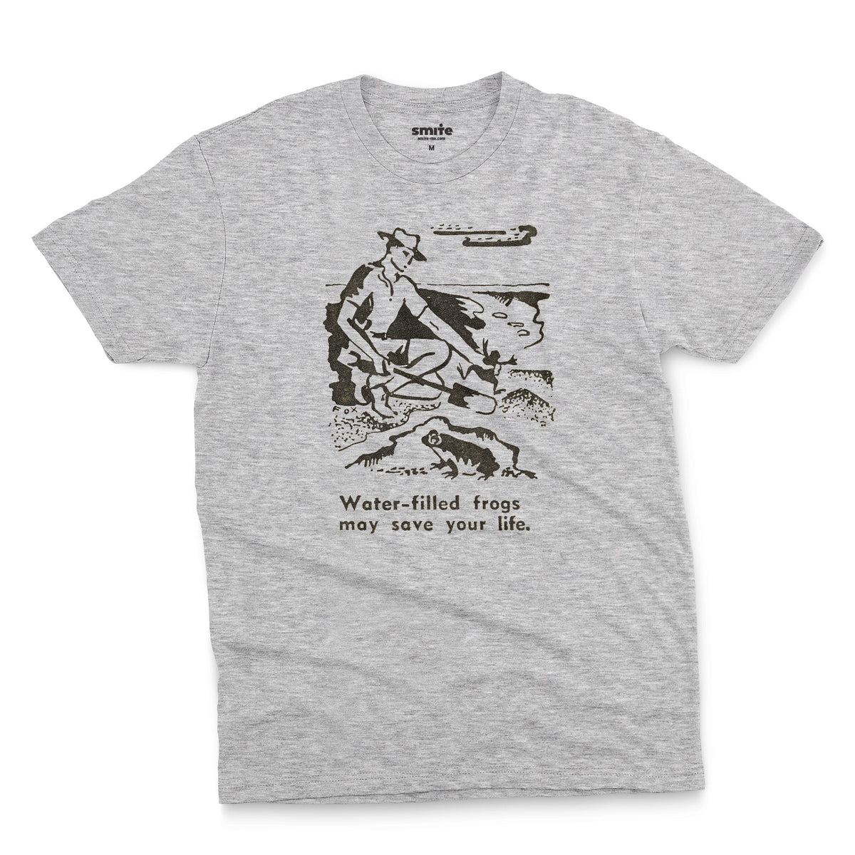 A grey marle t-shirt with a graphic print of an illustration from a World War 2 Australian Army handbook about finding and eating frogs.