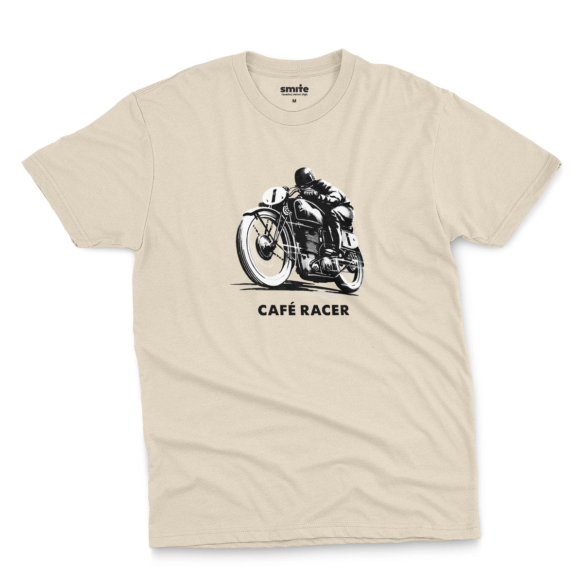 A beige t-shirt featuring a black and white graphic of a vintage motorcycle with a rider, with the text 'CAFÉ RACER' printed below it.